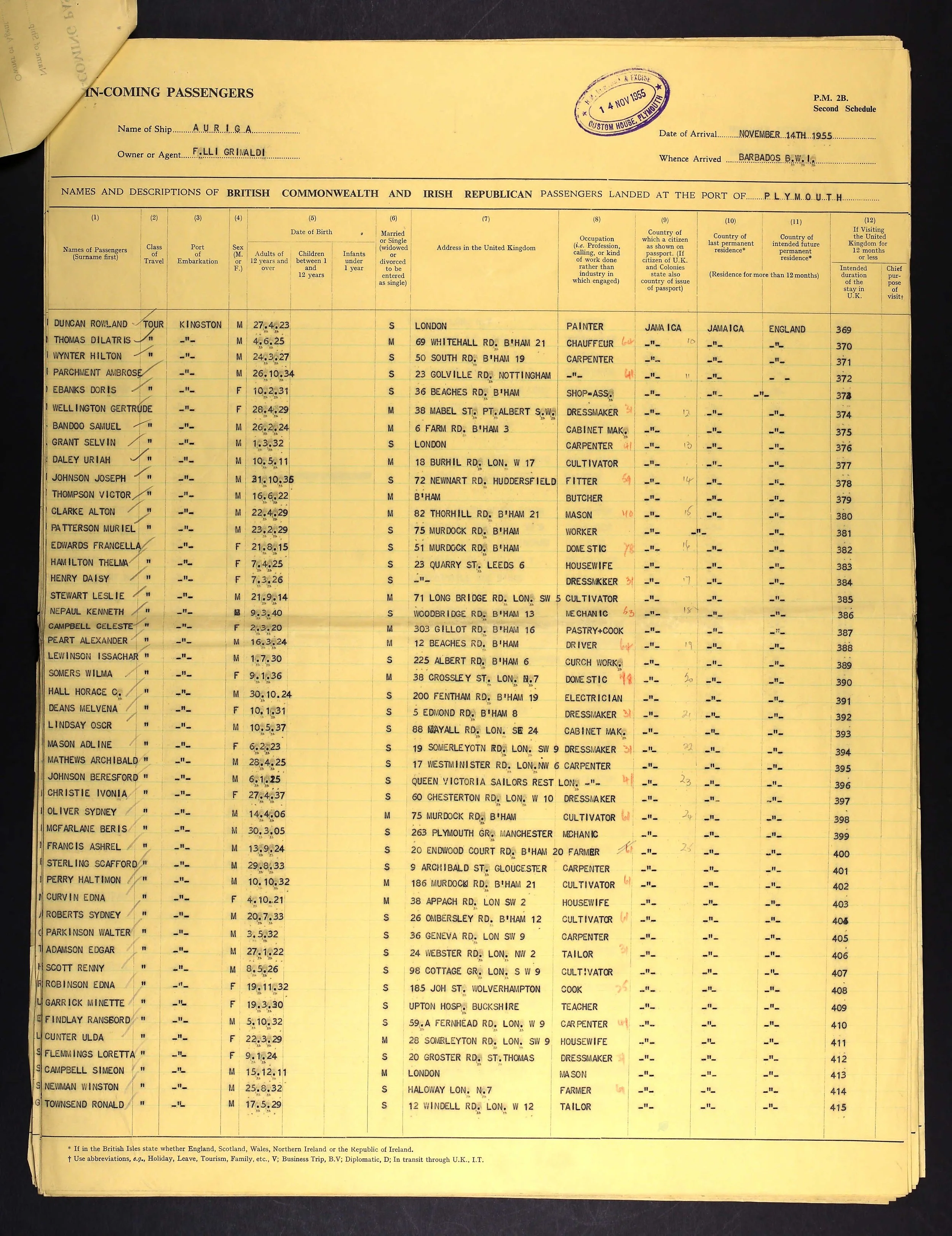 Passenger List, Auriga, 14 November 1955
The name “Beresford Johnson” appears on this passenger list from the Auriga, which arrived in Plymouth from Barbados in November 1955.
Like thousands of others, he had been invited to Britain to help rebuild