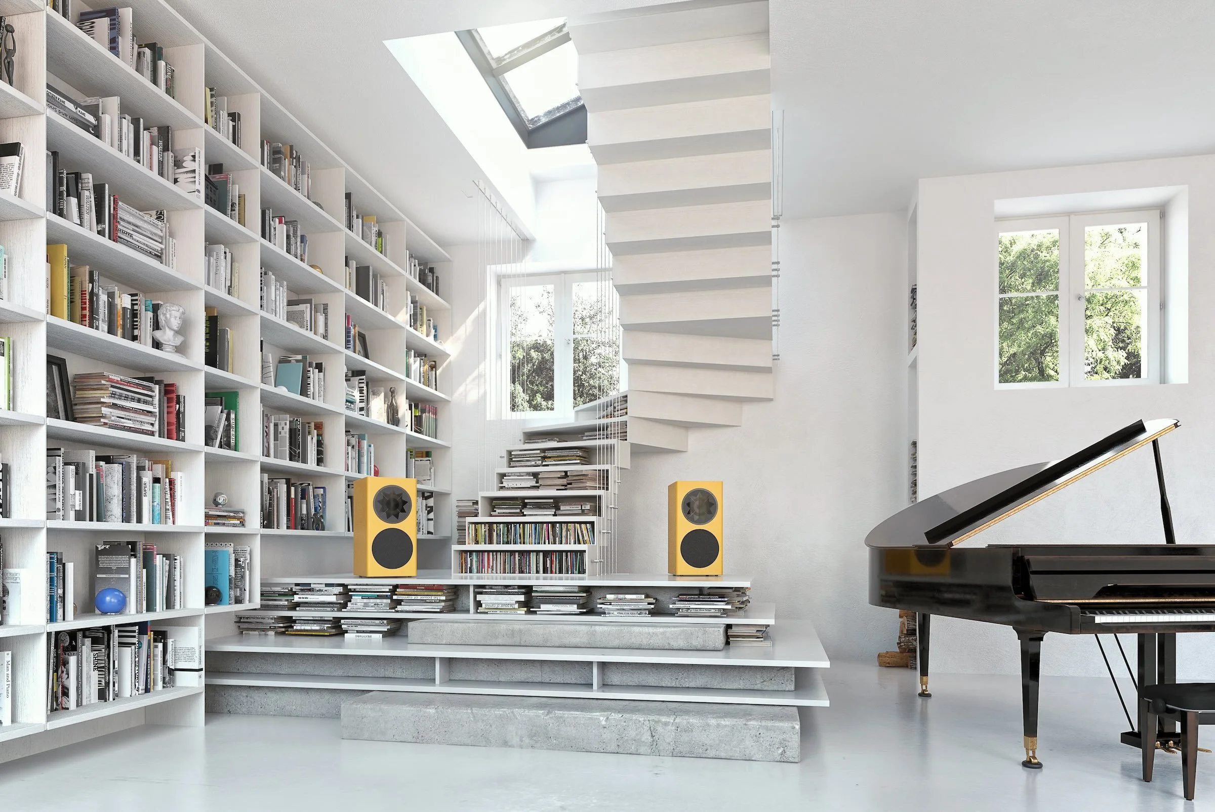 Manger Audio z1 unter einer Treppe neben einem Flügel