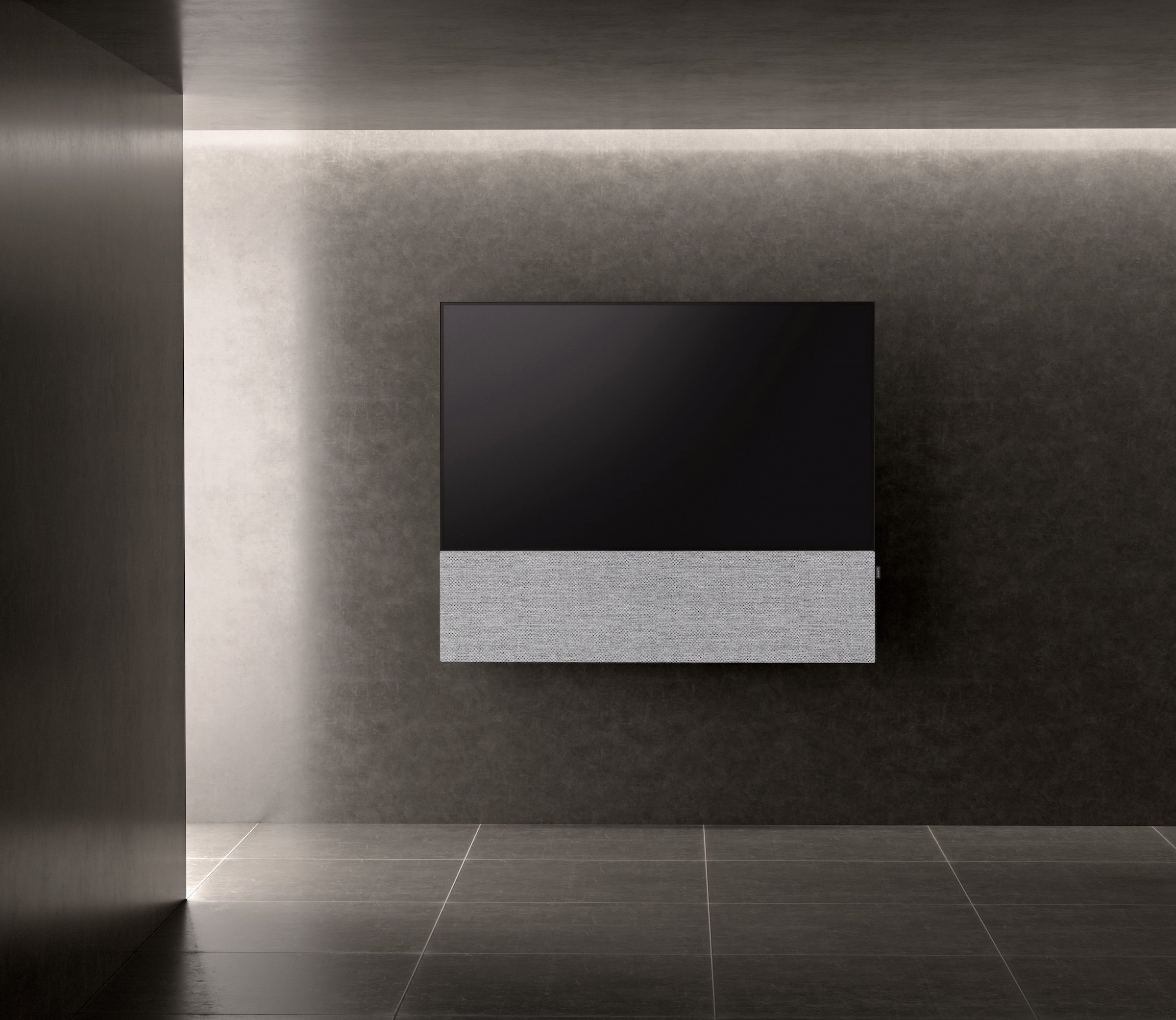 CANVAS HiFi Soundbar mit grauer Stoffabdeckung unter Fernseher montiert