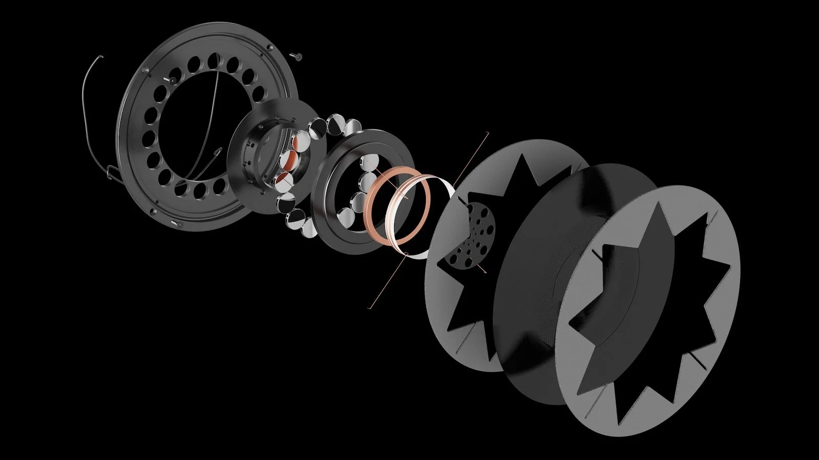 Ein technisches Explosionsmodell zeigt den Manger-Schallandler, mit verschiedenen Komponenten wie Ringen, Magneten und Gehäuseteilen, gegen einen schwarzen Hintergrund.