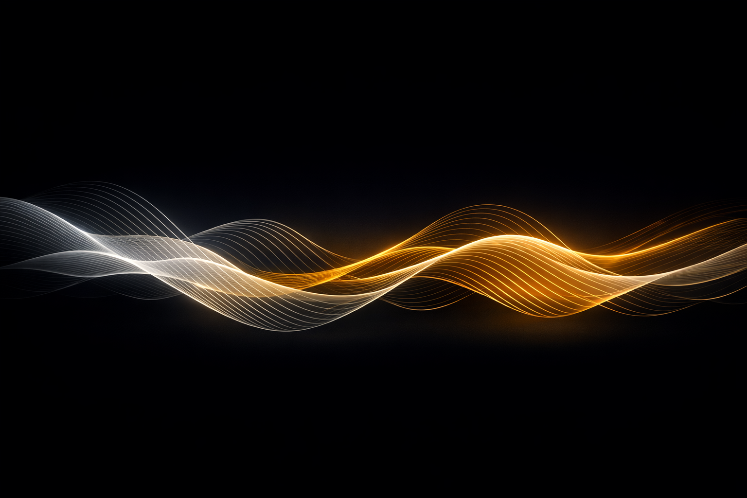 Abstrakte Linien in Weiß und Gold auf schwarzem Hintergrund, die wellenförmig verlaufen.