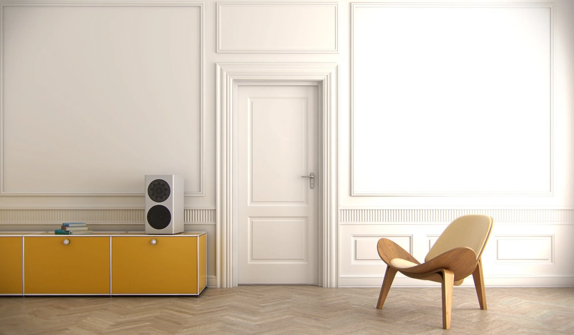 Manger Audio z1 Kompaktlautsprecher auf einem gelben Aluminum Sideboard neben dem ein Sessel steht 