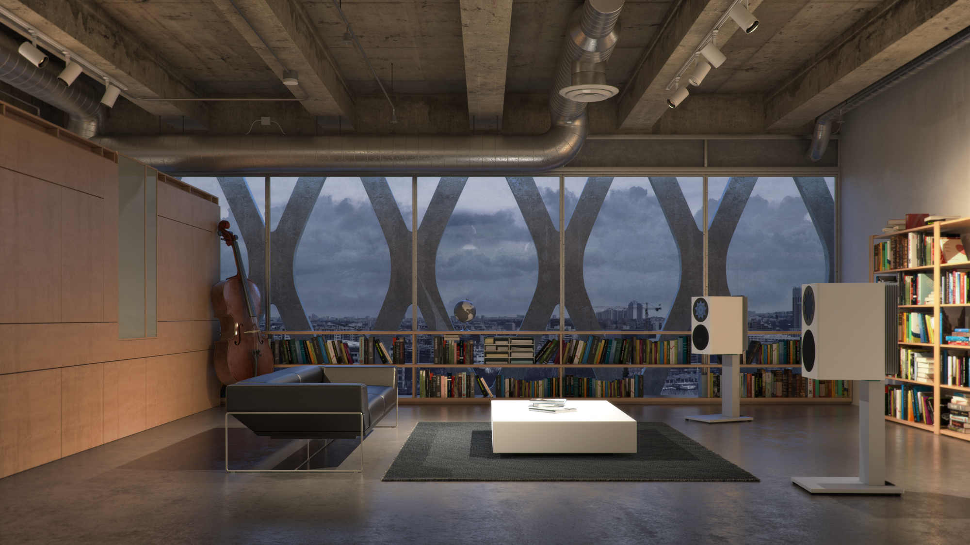 Innenraum eines modernen Loft mit Bücherregalen, Sitzsack, Geige, Globus und Lautsprechern vor einer großen Fensterfront mit Stadtblick bei bewölktem Himmel.