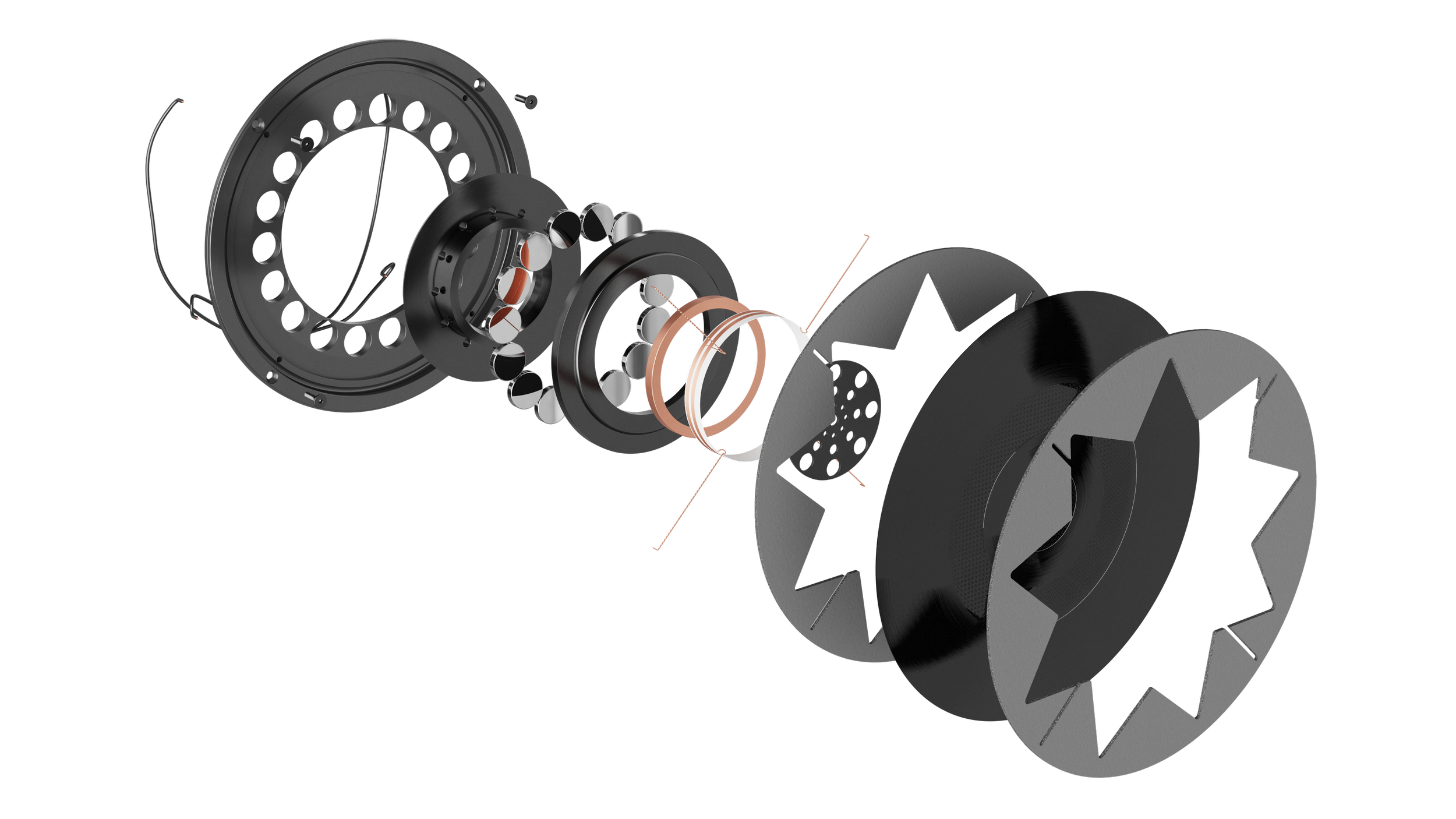 Ein technisches Diagramm eines mechanischen Teils, das mehrere schwarze, metallische Scheiben, Ringe und Kugeln in einer Explosionsansicht zeigt.