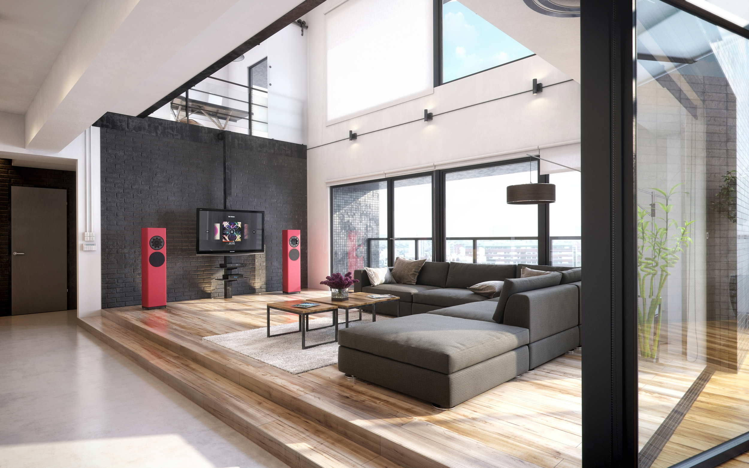 Modernes Wohnzimmer mit grauer Couch, schwarzen Fensterrahmen, schwarzer Wand mit Fernseher, roter Lautsprecher, Holzboden, großen Fenstern, natürlichem Licht, Pflanzen und minimalistischem Design.