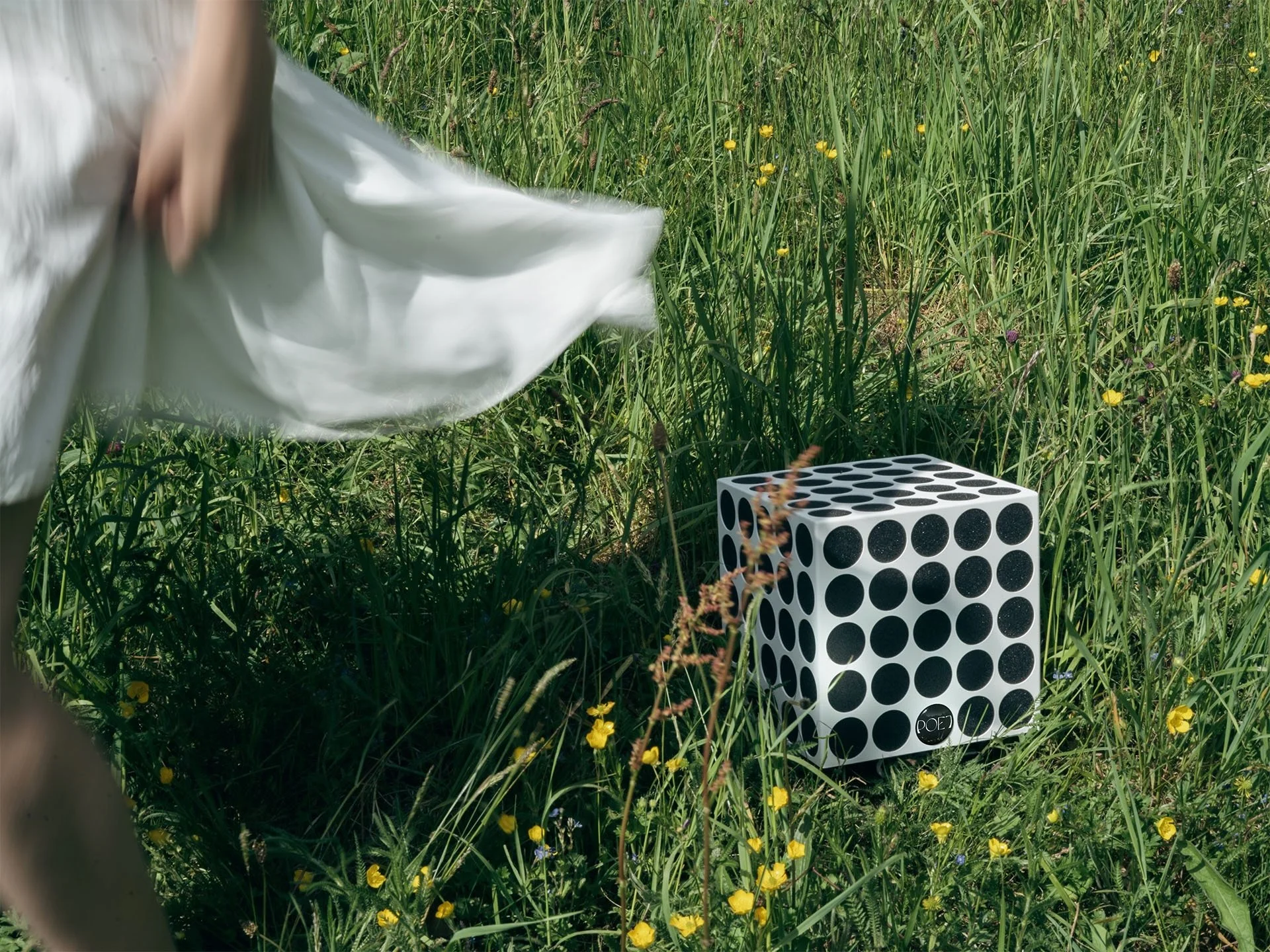 POET Audio zero auf einer Wiese mit Blumen 