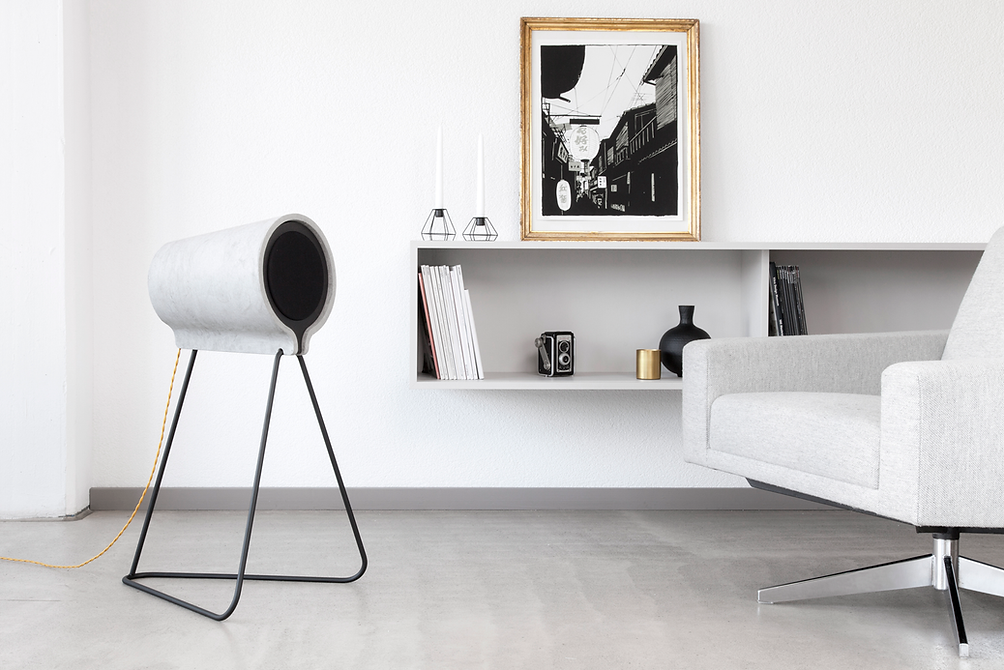 Modernes Wohnzimmer mit weißem Sofa, Wandregal mit Büchern, kleinen Dekorationsgegenständen, einem schwarzen Bild und ein Lautsprecher auf einem Metallständer.
