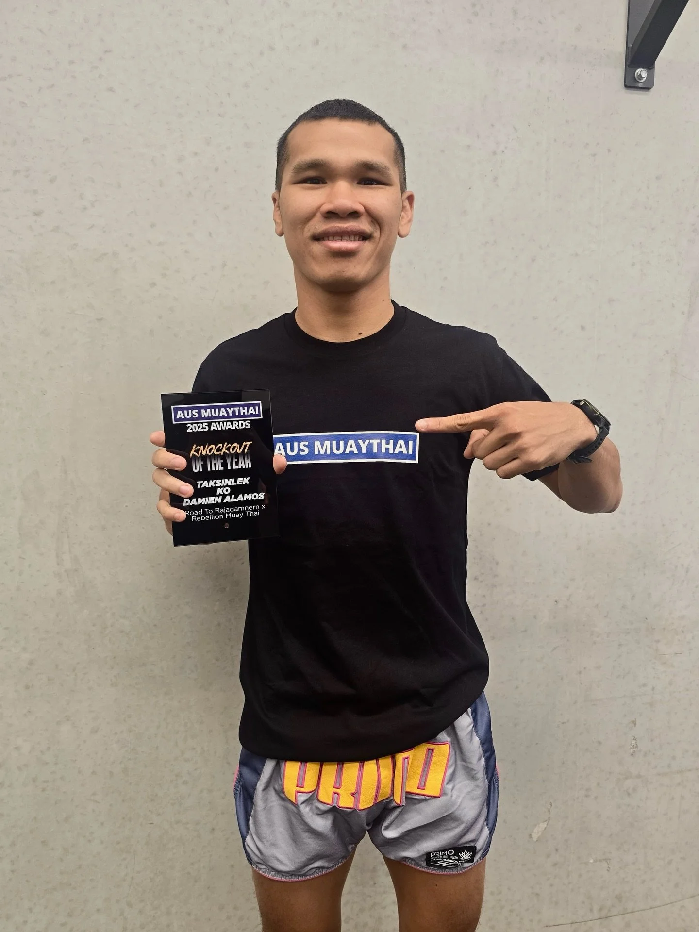 Thank you to @aus.muaythai and all who voted for Taksinlek&rsquo;s KNOCK OUT OF THE YEAR against Damien Alamos on @rebellion_muaythai last year. Massive congratulations to our head coach, the trophy couldn&rsquo;t have come at a better time, a day af