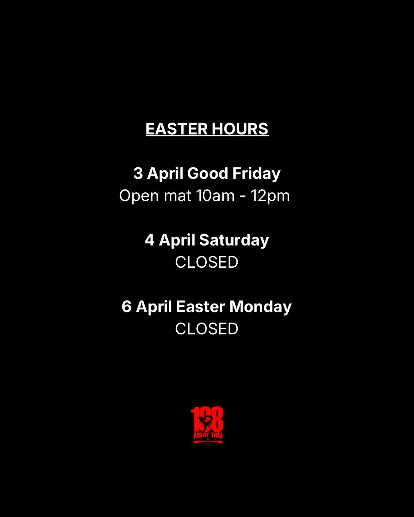 We will only be open on Good Friday for open mat between 10 am to 12 pm and closed over the weekend and Easter Monday as we upgrade the gym with some brand new lights for when our members returned to training after the Easter break 🥊 

#168Muaythai