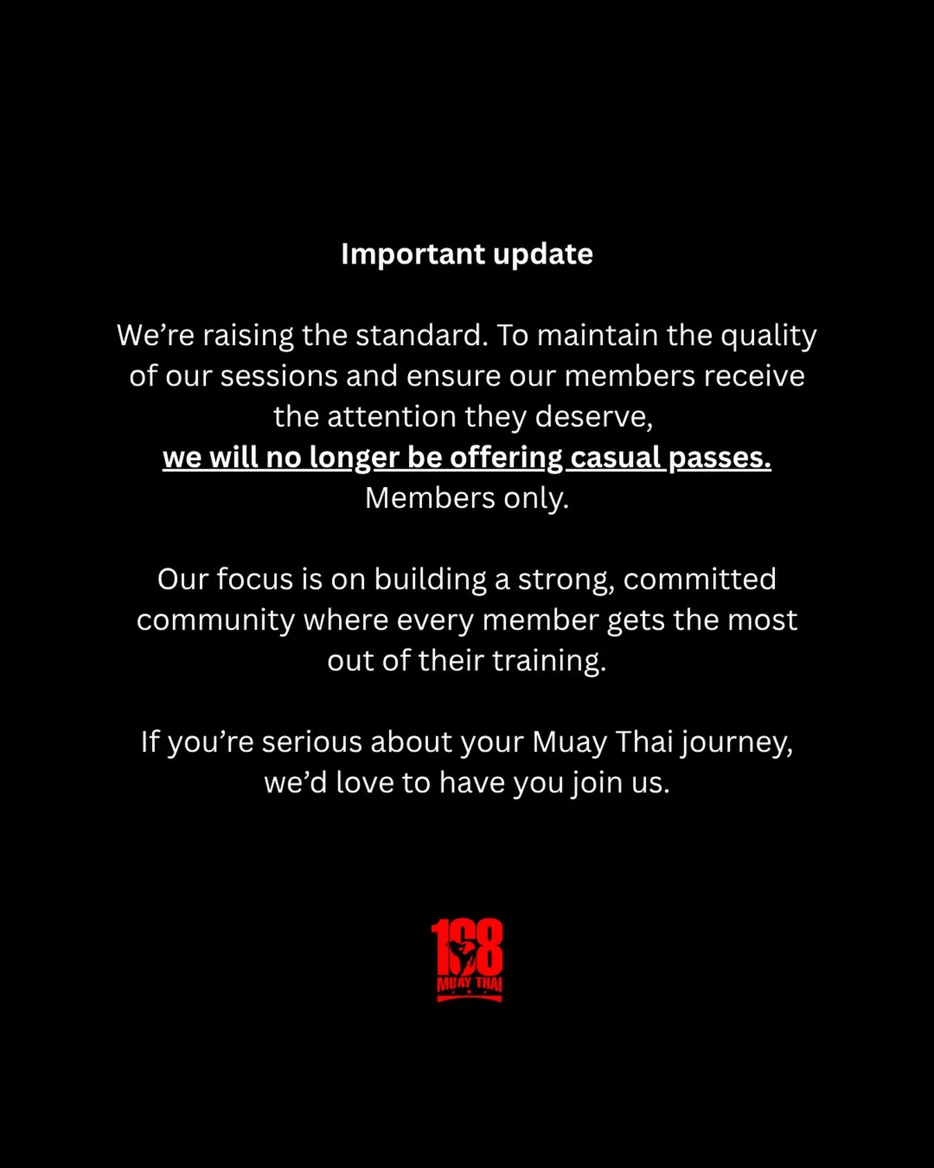 MEMBERS ONLY ⛔️ 

Every decision is made to ensure our members get the highest level of quality in their training that they deserve. We thank you all for understanding and tagging along this journey with us as we look to create the best gym for every