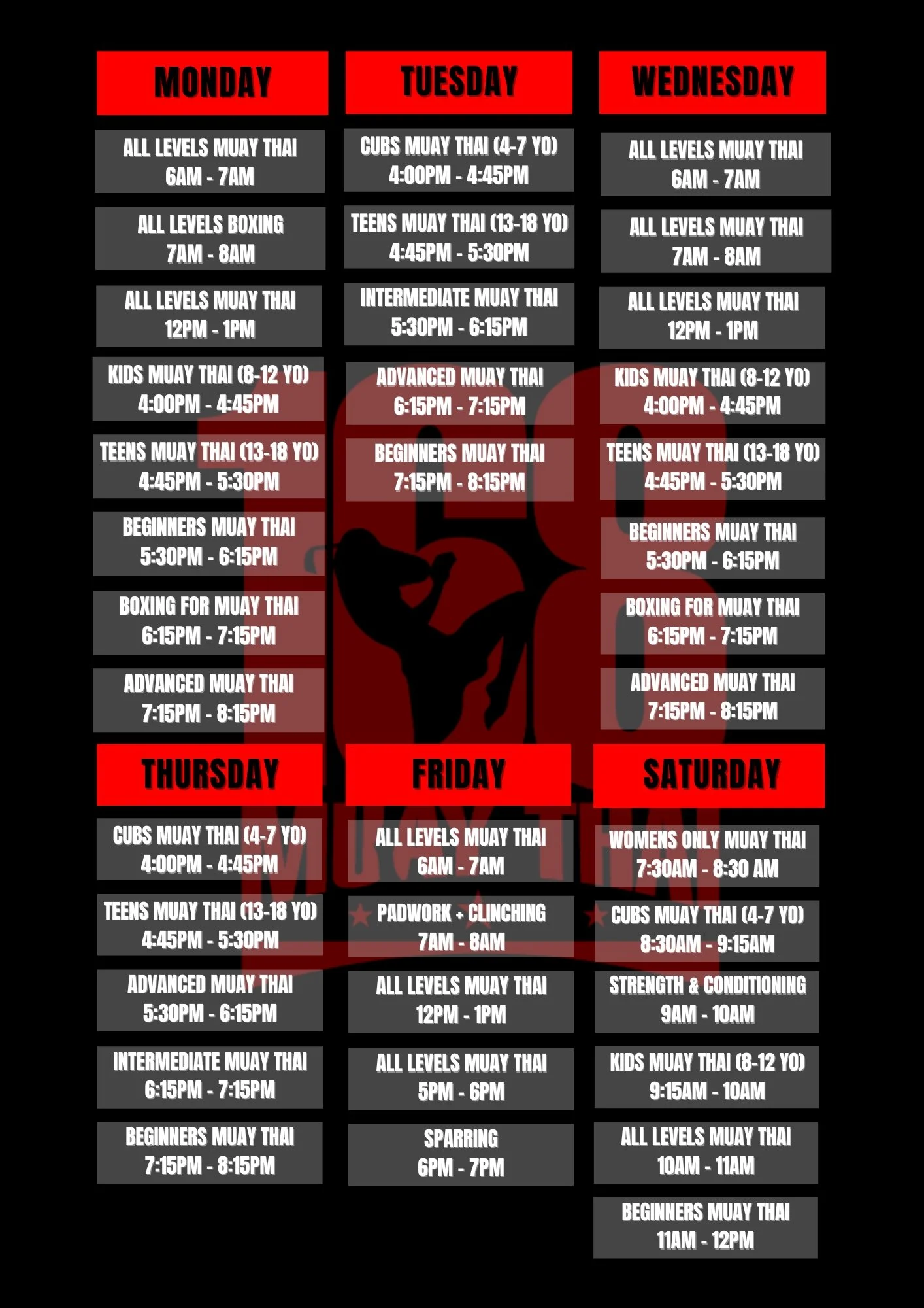 Weekly Muay Thai class schedule from Monday to Saturday with class types and times, featuring a background with a black and red theme and an illustration of a Muay Thai fighter in the center.