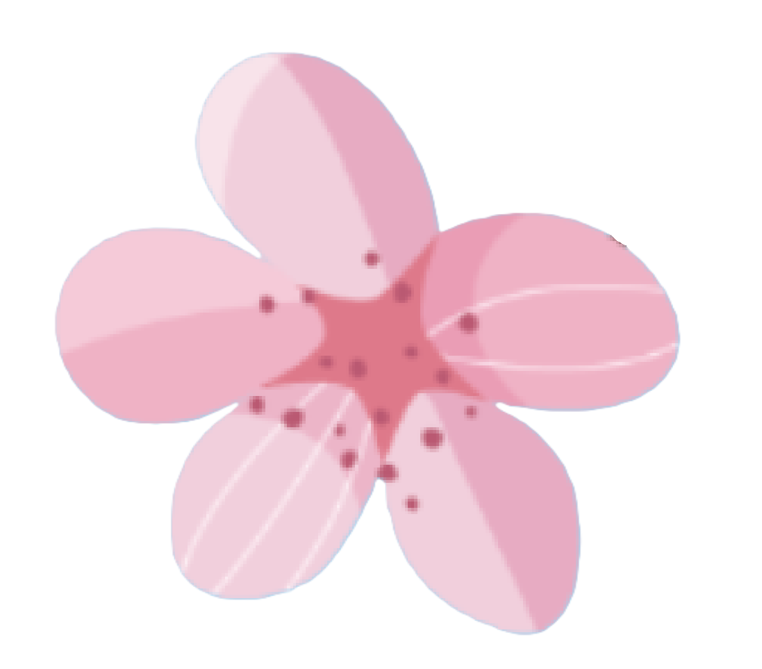 A pink cherry blossom with a darker pink center and small dots scattered on the petals.