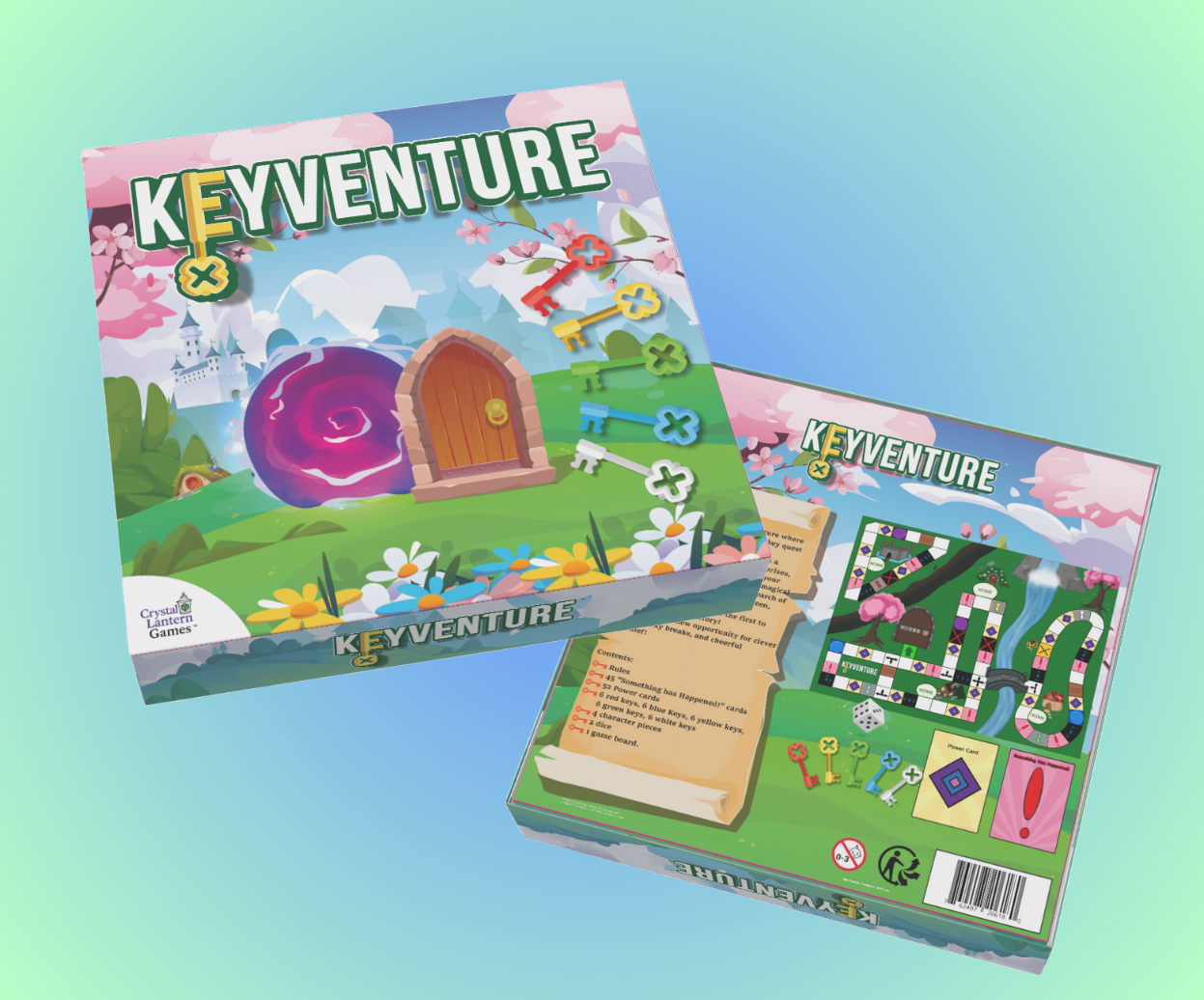 A colorful board game box titled "Keyventure" with a fantasy landscape featuring a castle, pink cherry blossoms, and a swirling purple portal on the front. The back of the box shows the game layout, pieces, and instructions.
