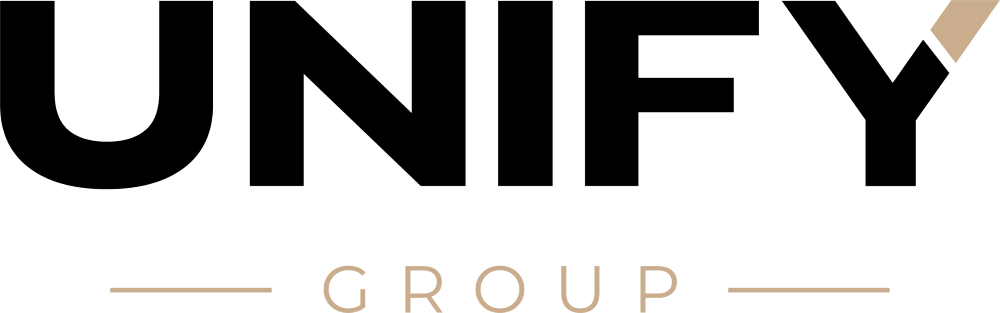 Logo avec le mot ' UNIFY GROUP' écrit en majuscules, entouré de lignes horizontales de chaque côté, sur un fond clair.