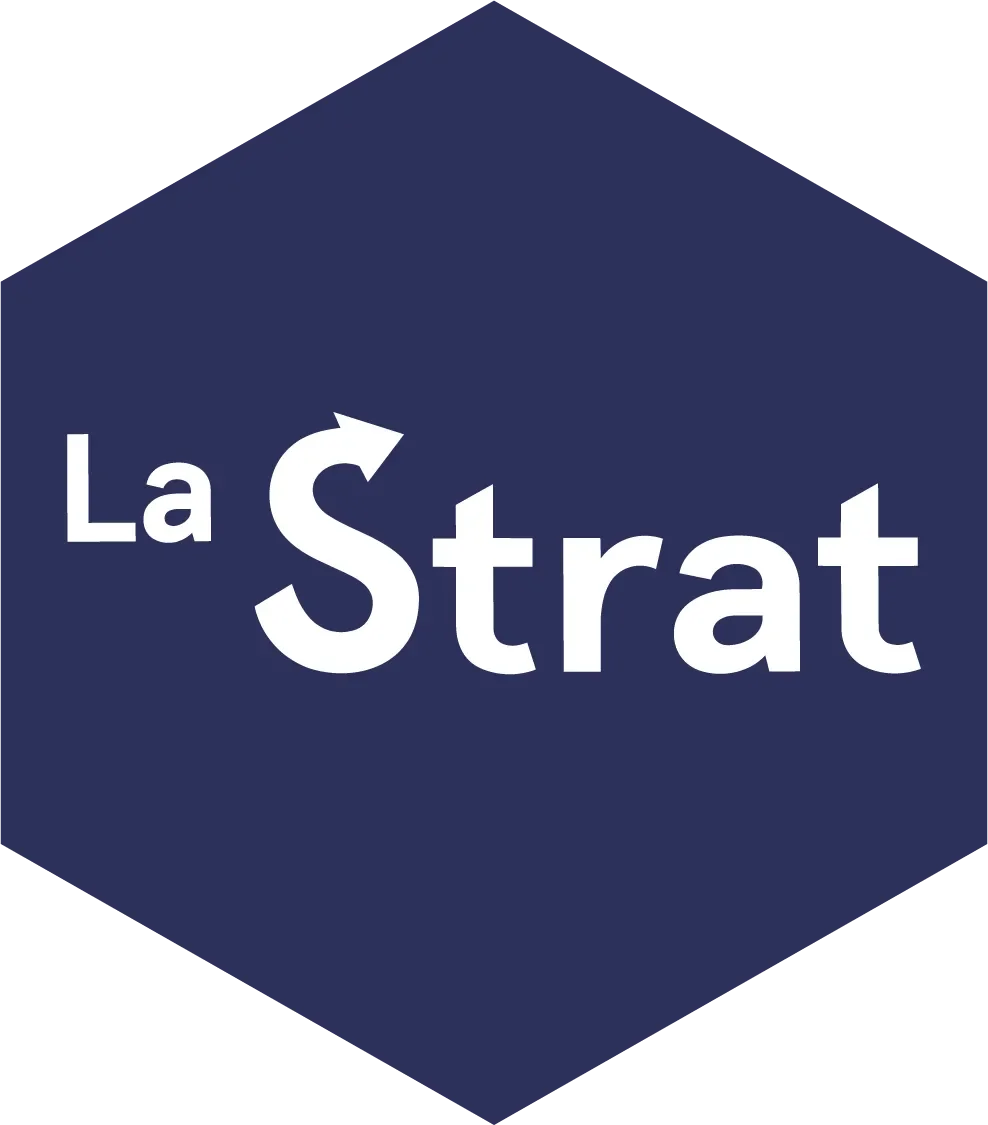 Logo bleu avec la mention "La Strat" en blanc.