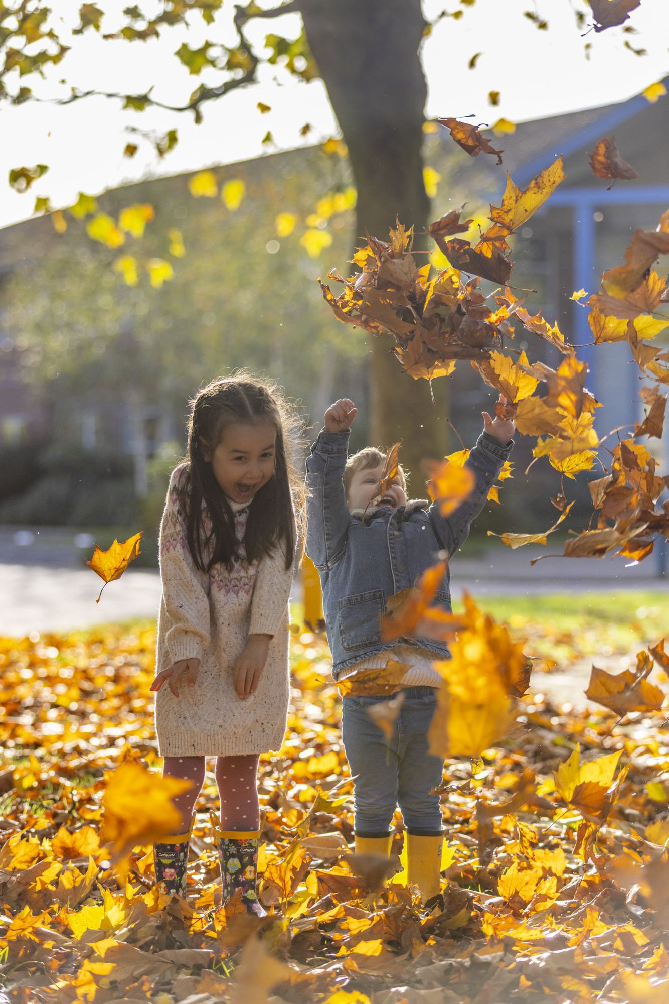 A young boy and girl are having fun in autumn throwing leaves up in the air.
