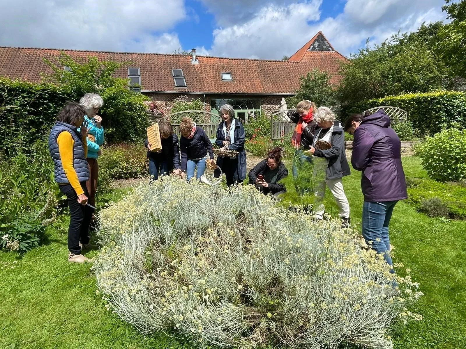 Groupe de personnes dans un jardin, observant des plantes, par une journée ensoleillée avec un ciel partiellement nuageux.