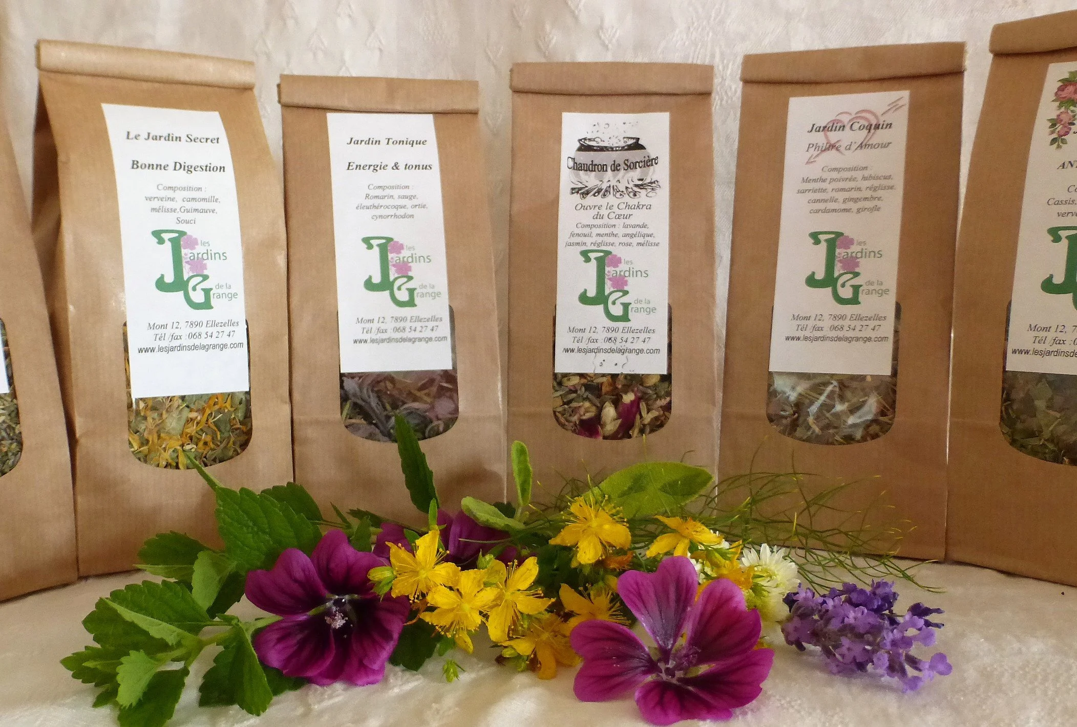 Sachets de tisanes en papier kraft avec étiquettes, entourés de fleurs et plantes médicinales colorées.