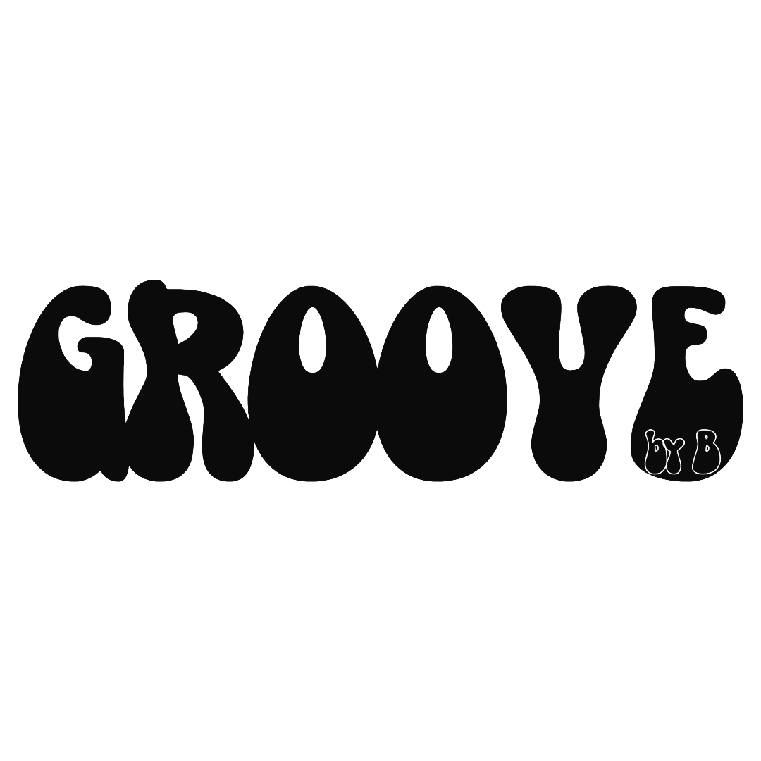 Schwarz-weißes Zeichentrick-Motiv mit dem Text "GROOVE" in großem, dickem Stil, unten rechts steht "by B" in kleiner Schrift.
