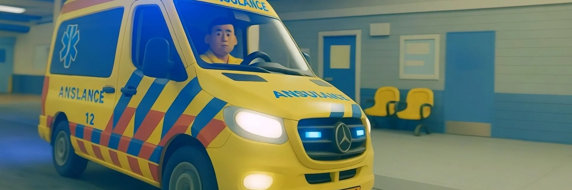 A cartoon yellow ambulance with blue and red stripe markings, a Mercedes-Benz logo on the front, and the word 'ANSURANCE' written on it, parked outside a blue house with yellow chairs nearby.