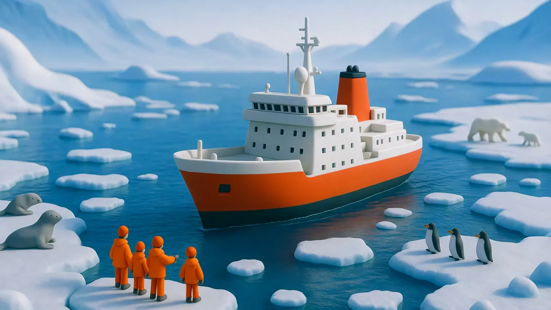 A toy ship navigating through icy waters with penguins on ice floes and seals on icebergs, set in a polar environment with snow-covered mountains in the background.