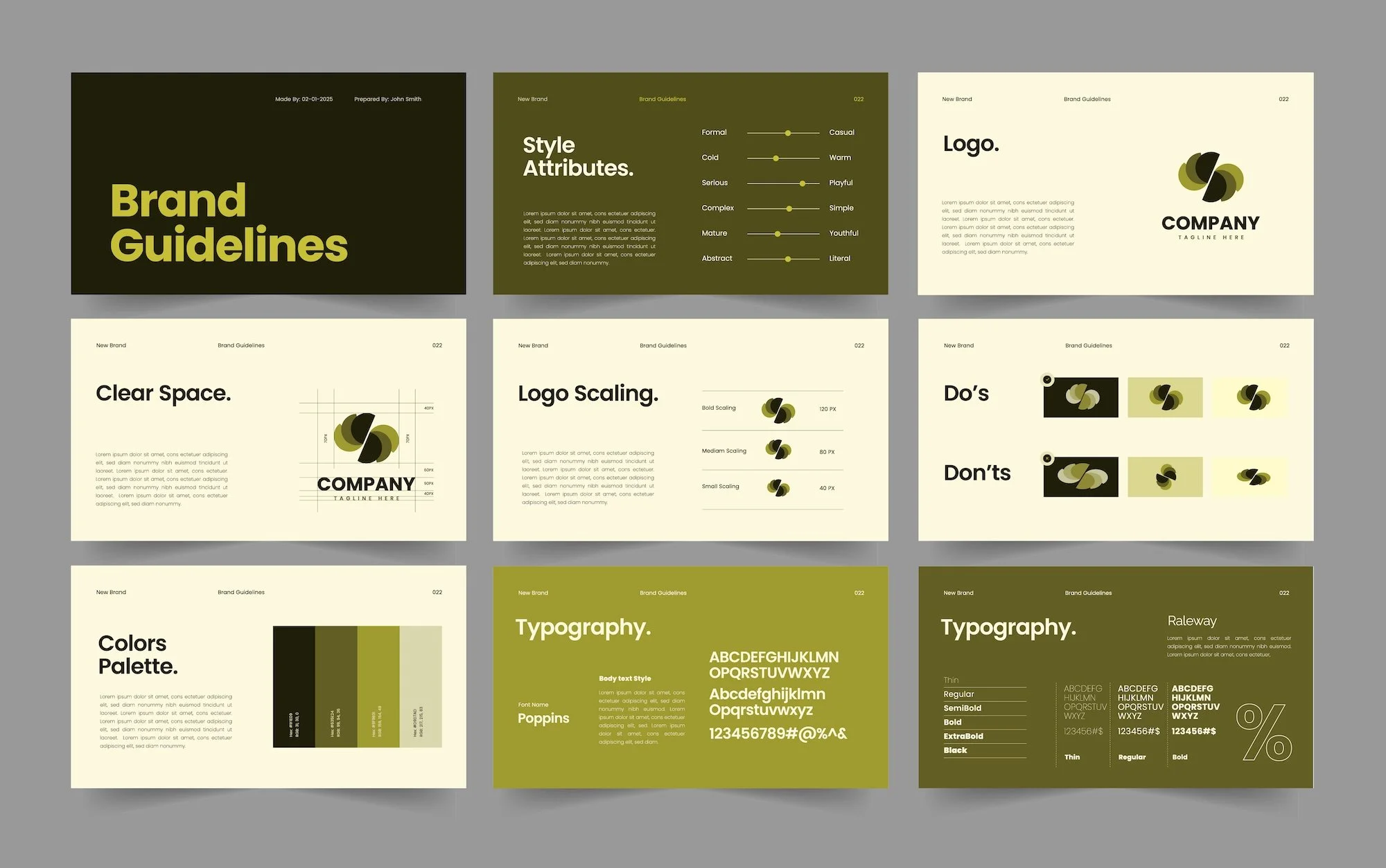 A series of nine pages from a brand guidelines document, including sections on brand style attributes, logo design and scaling, clear space, color palette, typography, and logo usage instructions.
