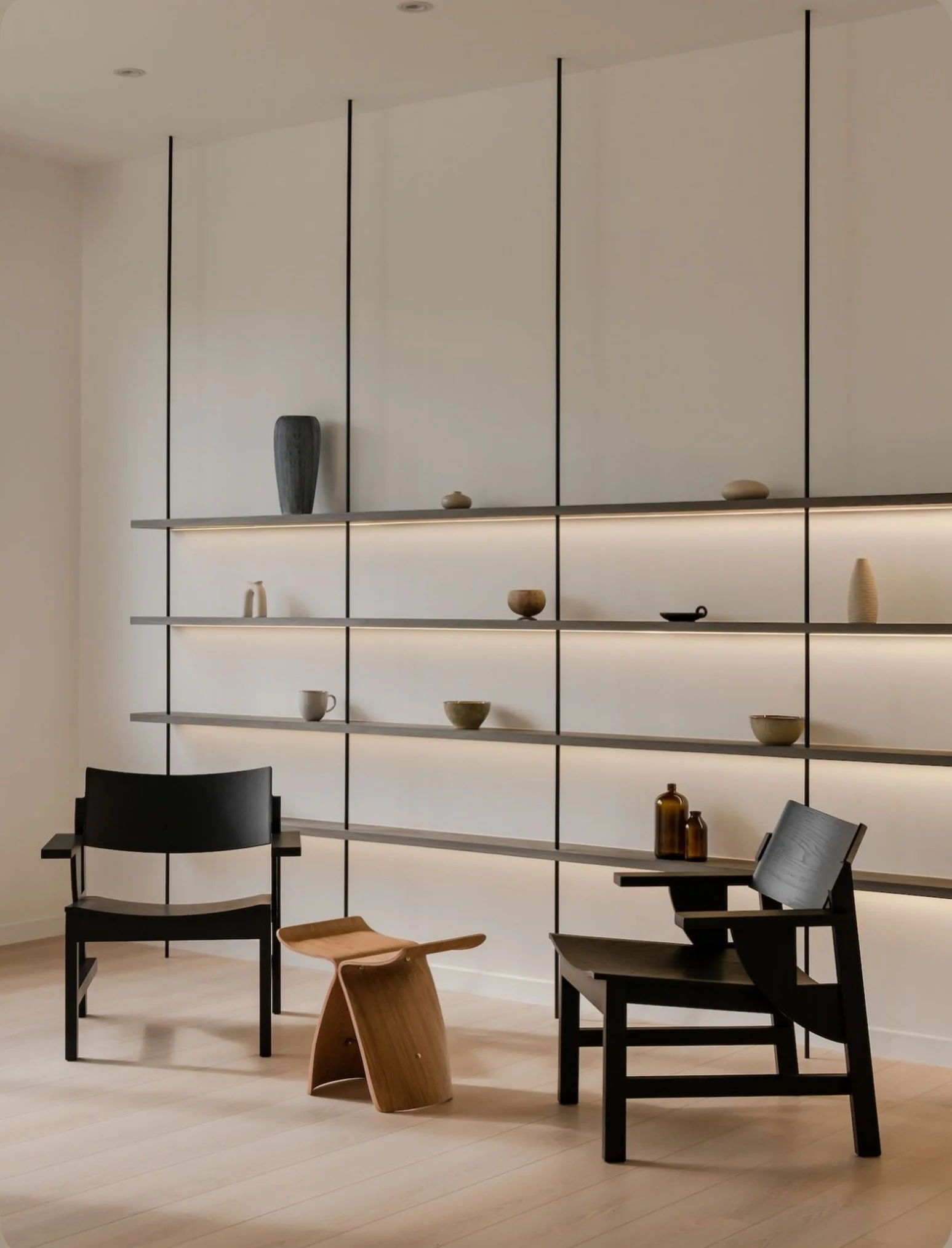 Finding inspiration in the beauty of restraint.

This minimalist shelving composition is informing a project I&rsquo;m currently working on&hellip;clean lines, balanced proportions, subtle lighting and carefully selected objects that create impact wi