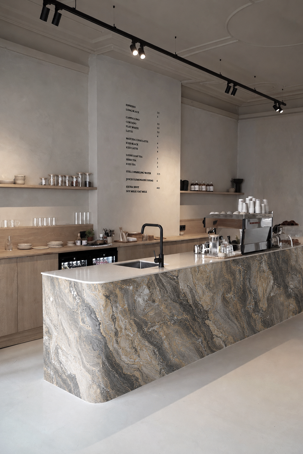 Nordic café design by Lou Joia Studio, Dublin. A serene hospitality interior shaped by texture, light and natural materials: minimal, soulful and timeless.