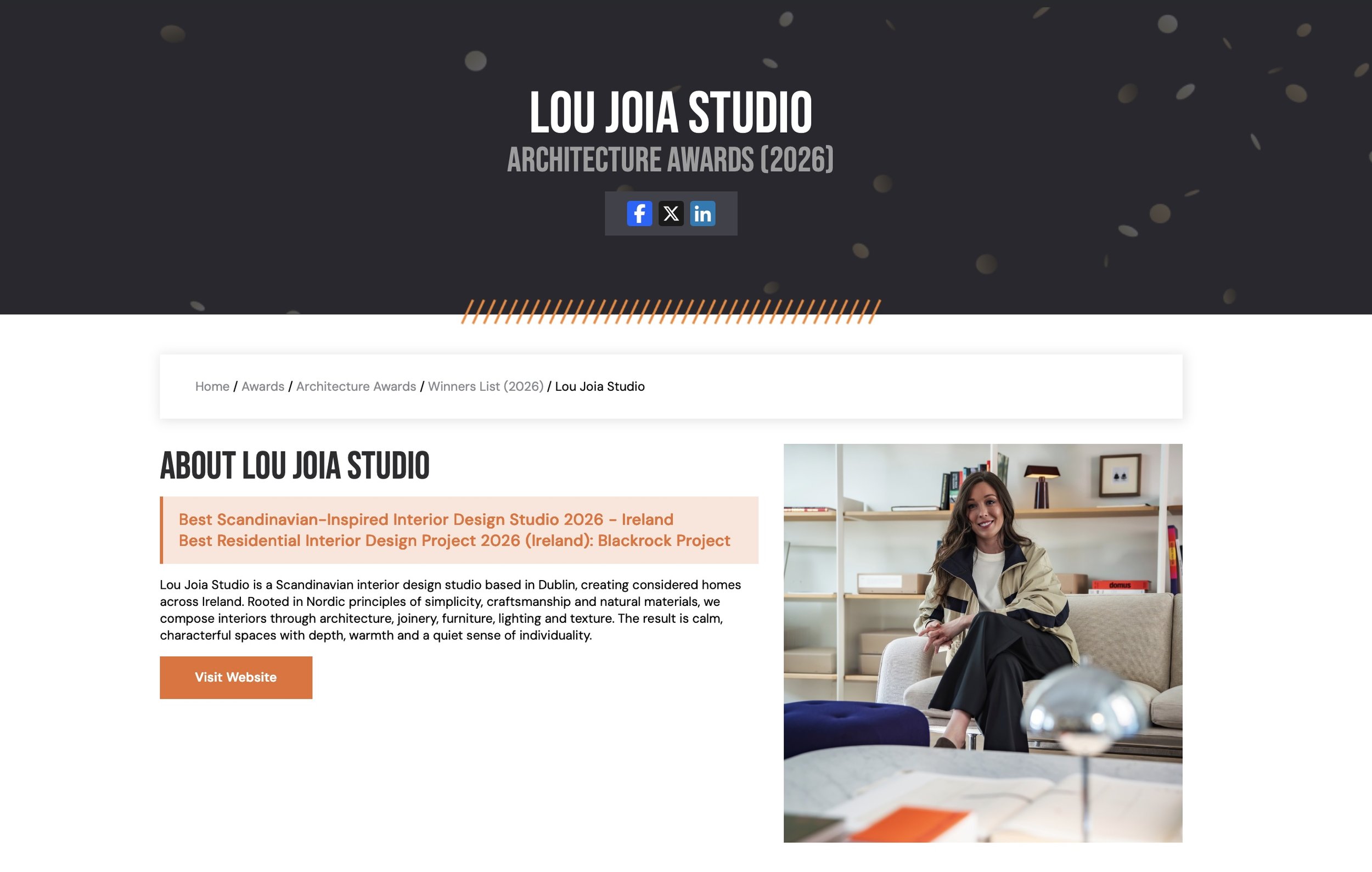 Screenshot of a webpage about Lou Joia Studio, an architecture and interior design firm in Dublin, Ireland, featuring a photo of a smiling woman sitting in a modern interior space.