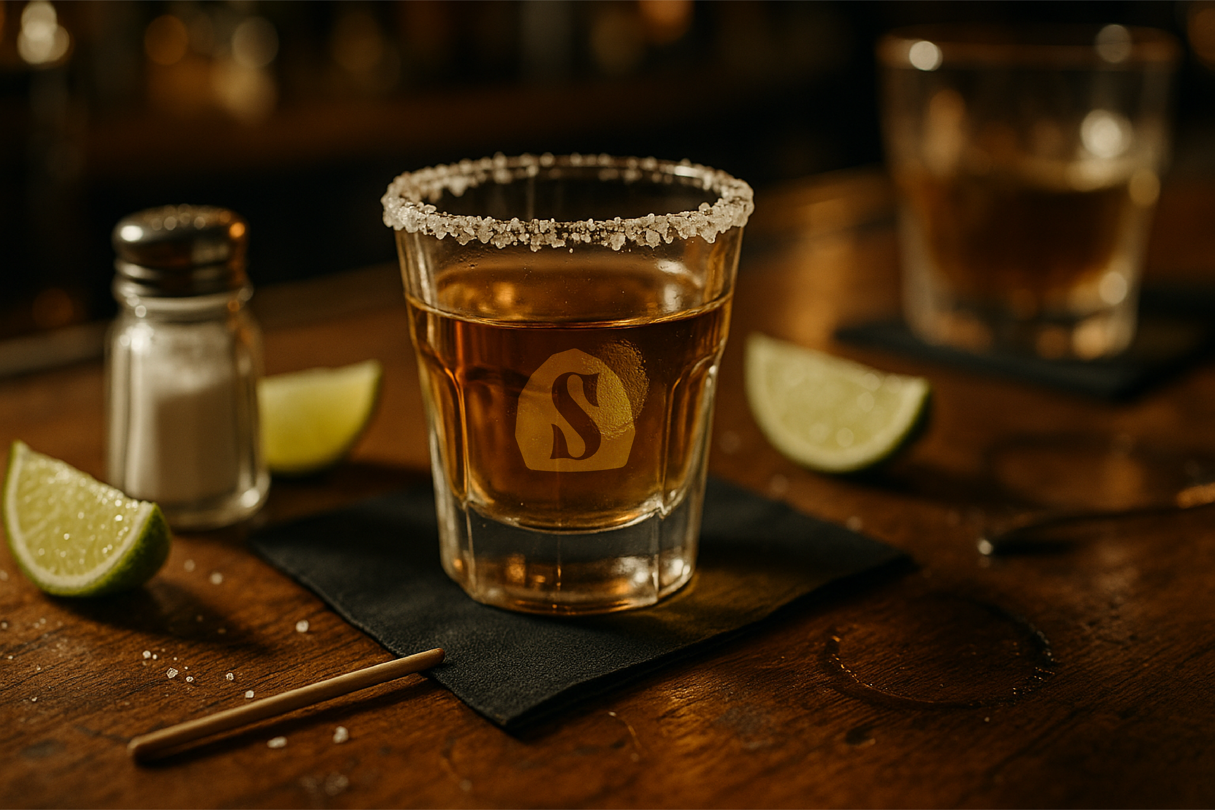 A shot of a shot glass with salt on the rim, filled with a dark amber-colored drink. There are lime wedges, a salt shaker, and other glasses in the background on a wooden table.