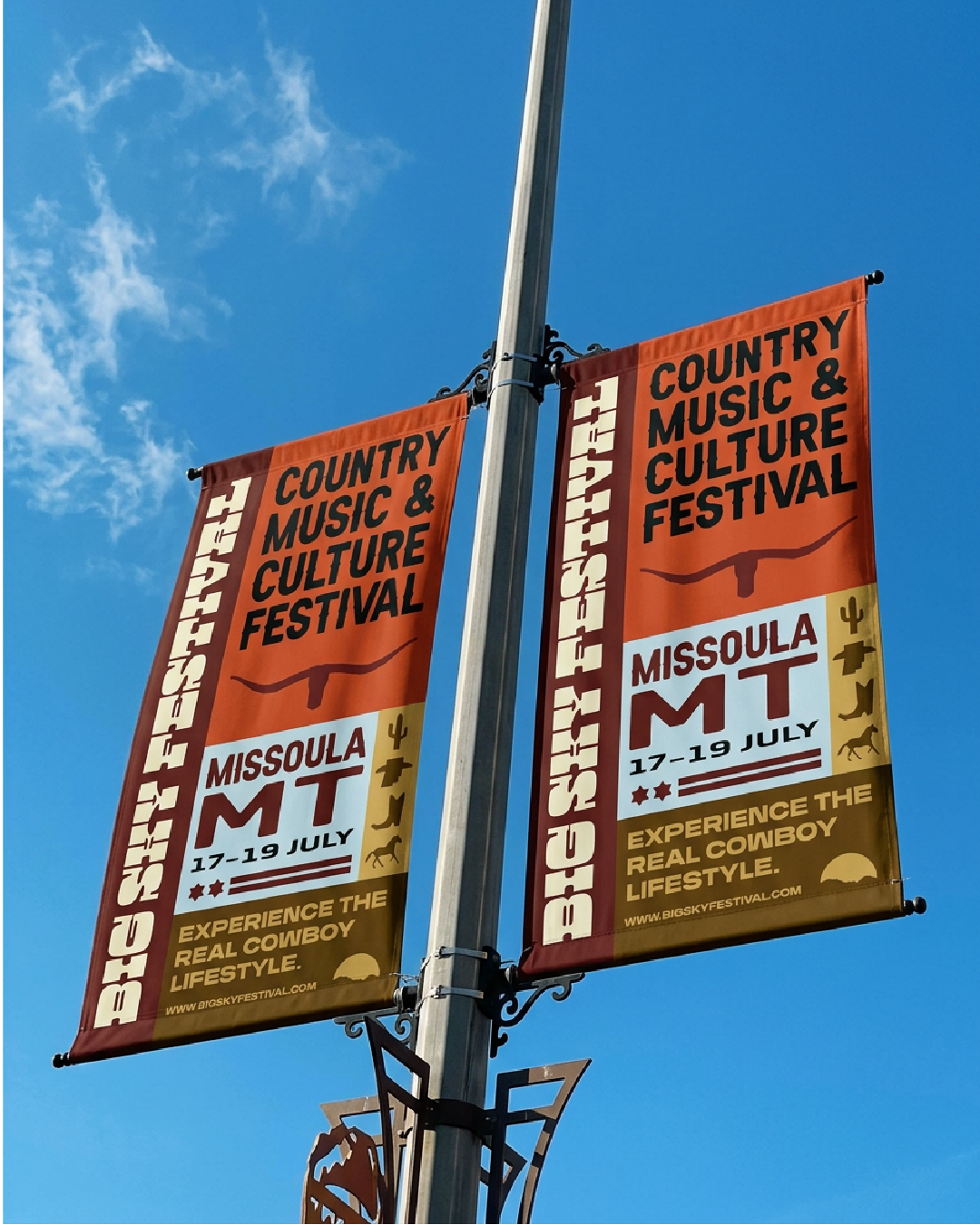 Banners for the Big Sky Festival in Missoula, Montana, advertising the country music and culture festival.