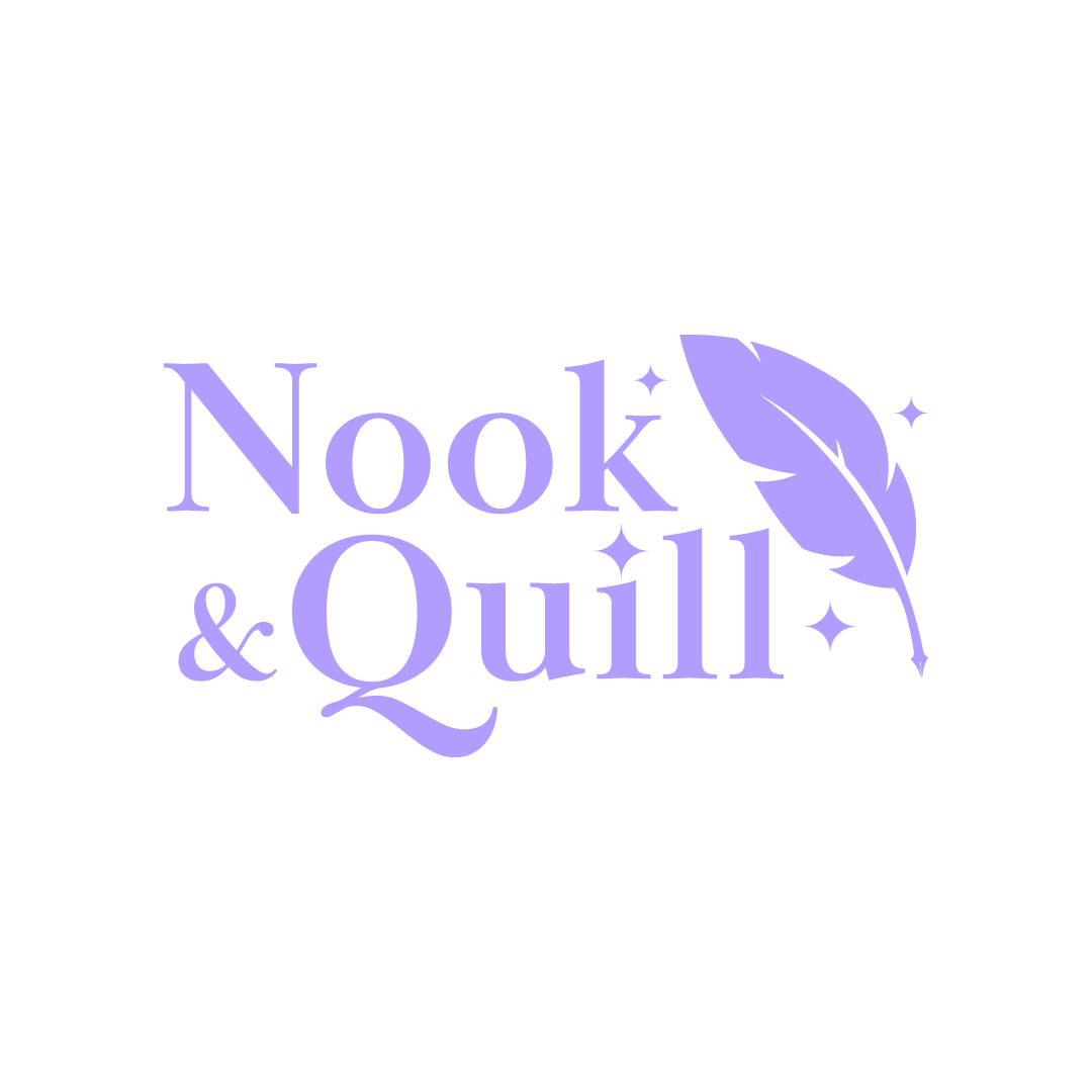 Logo with purple text that says "Nook & Quill" and a purple feather illustration