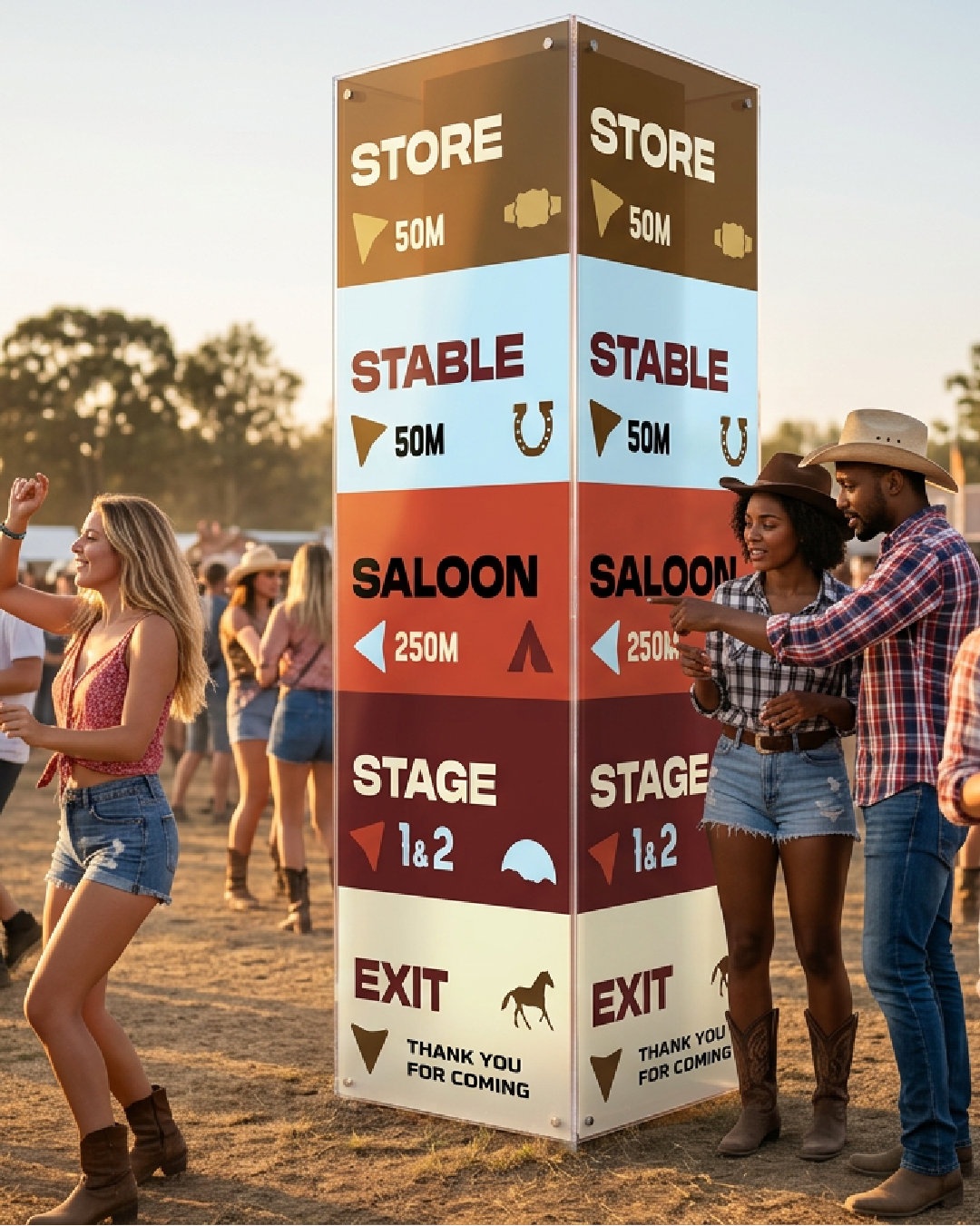 Colorful directional sign at a rodeo or country fair indicating locations and distances to store, stable, saloon, stage, and exit, with people dressed in cowboy attire gathered around.