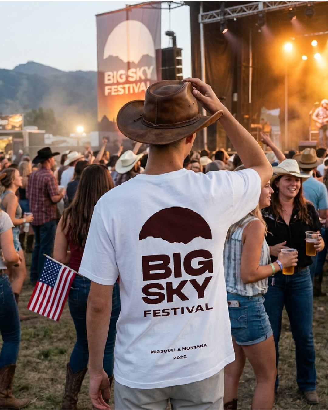 A crowd attending the Big Sky Festival in Missoula, Montana in 2026. The festival features a stage with performers and a large banner reading 'BIG SKY FESTIVAL' with a mountain and sky graphic. People are wearing cowboy hats and holding drinks while enjoying the outdoor concert.