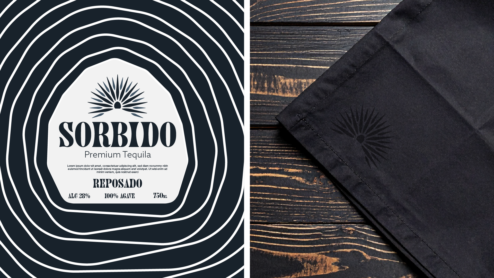 A packaging label with a black and white geometric design, featuring a logo of a stylized agave plant and the text 'SORRIDO Premium Tequila,' 'Reposado,' 'ALC 28%,' '100% Agave,' '750ml,' and some placeholder text, placed next to a black paper bag with the same logo on a wooden surface.