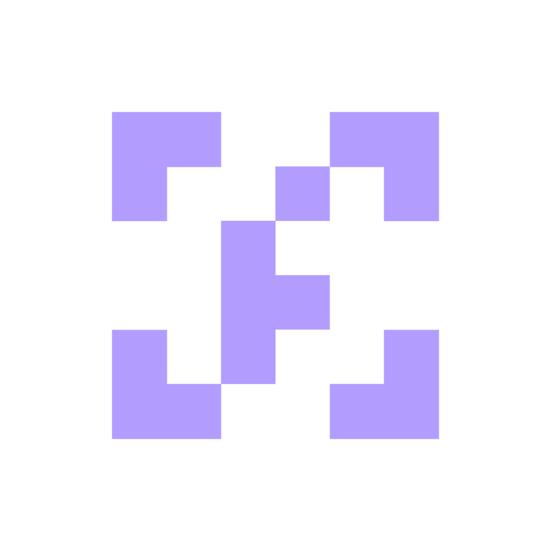 A pixelated black and purple symmetrical pattern with square shapes arranged in a cross-like formation.