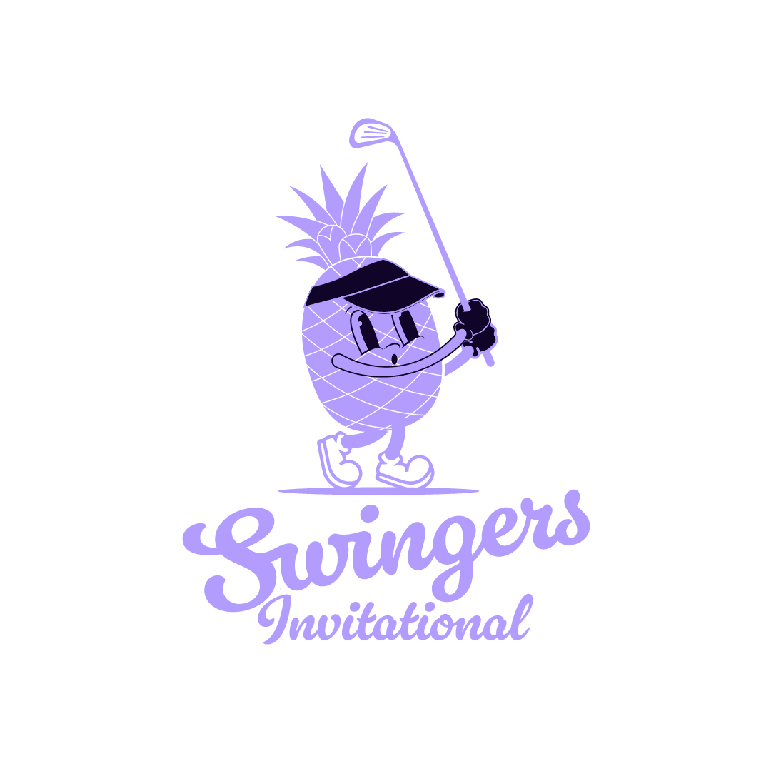 A cartoon pineapple wearing a visor and sneakers, holding a golf club, with the text "Swingers Invitational" below.