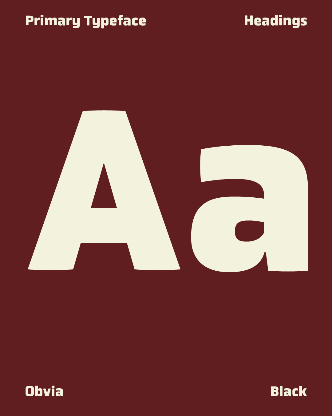 Graphic design featuring the large letters 'A' and 'a' on a dark red background, with text labels indicating 'Primary Typeface' at the top, 'Headings' at the top right, 'Obvia' at the bottom left, and 'Black' at the bottom right.