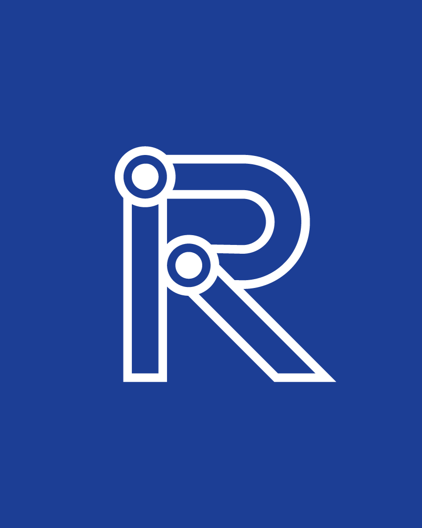 White outlined letter R on a blue background