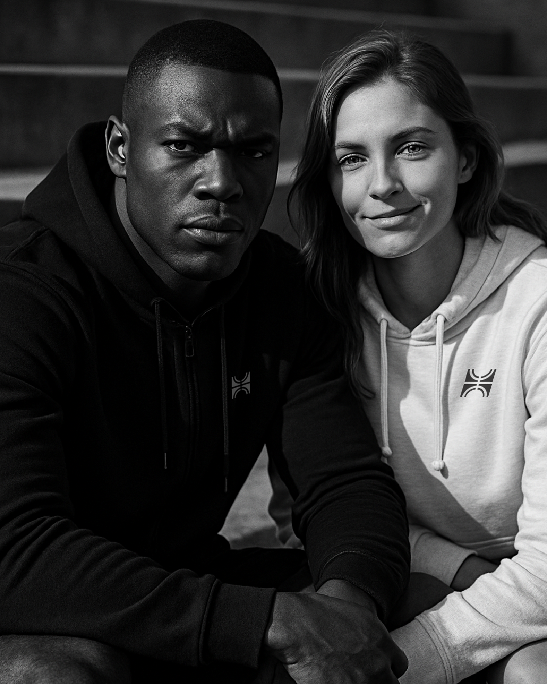 Black and white photo of a man and woman sitting closely together, both wearing hoodies with HOKA logos, looking at the camera.