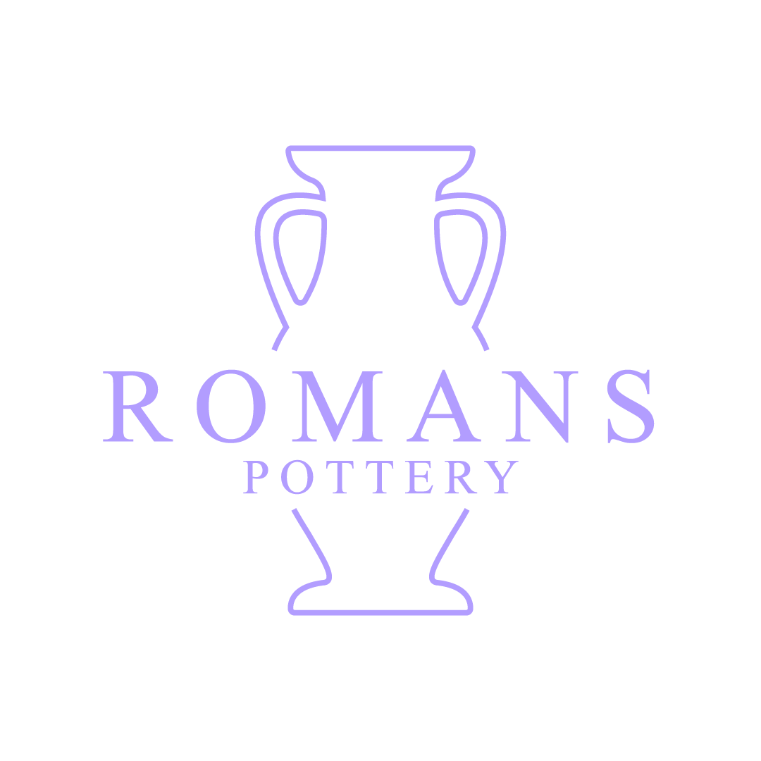 Logo with a purple line drawing of an ancient Greek vase above the word 'Romans' and 'Pottery' on a black background.