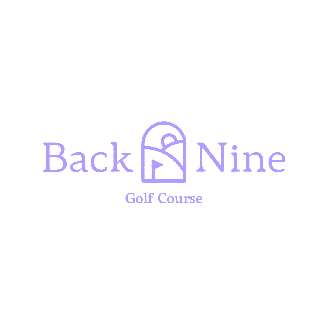 Logo with a stylized golf hole and flag, with the words 'Back Nine' and 'Golf Course' in purple text.