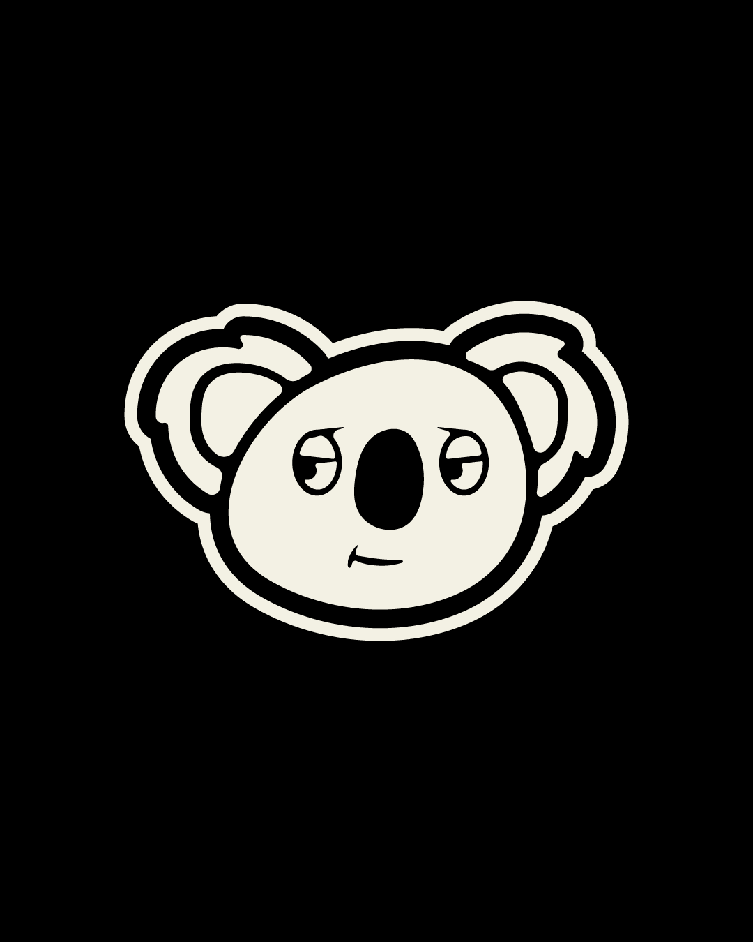 A black and white cartoon drawing of a koala's face with a neutral, slightly unimpressed expression.