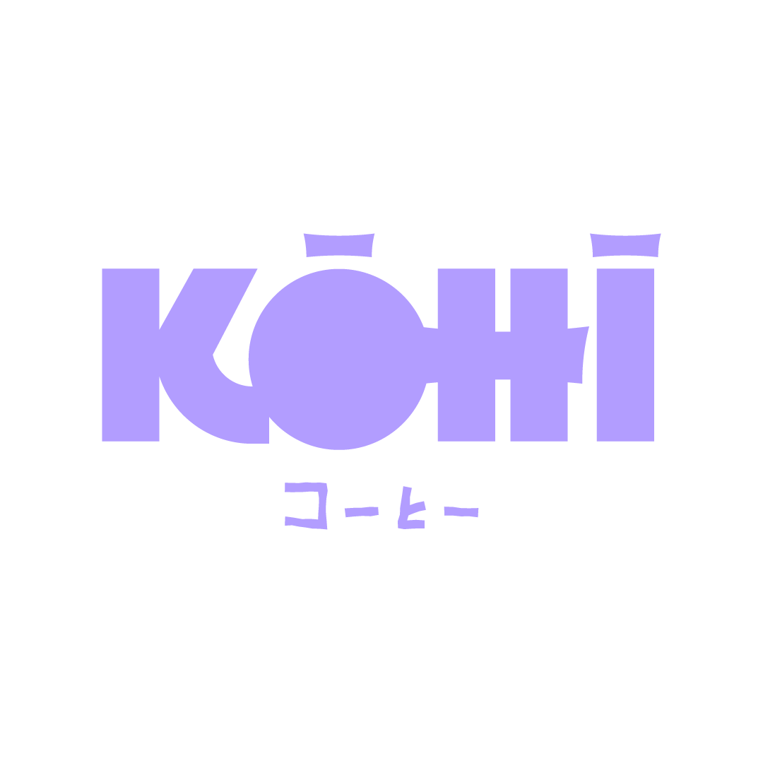 Purple stylized text spelling 'KOHI' with Japanese characters below, on a black background.