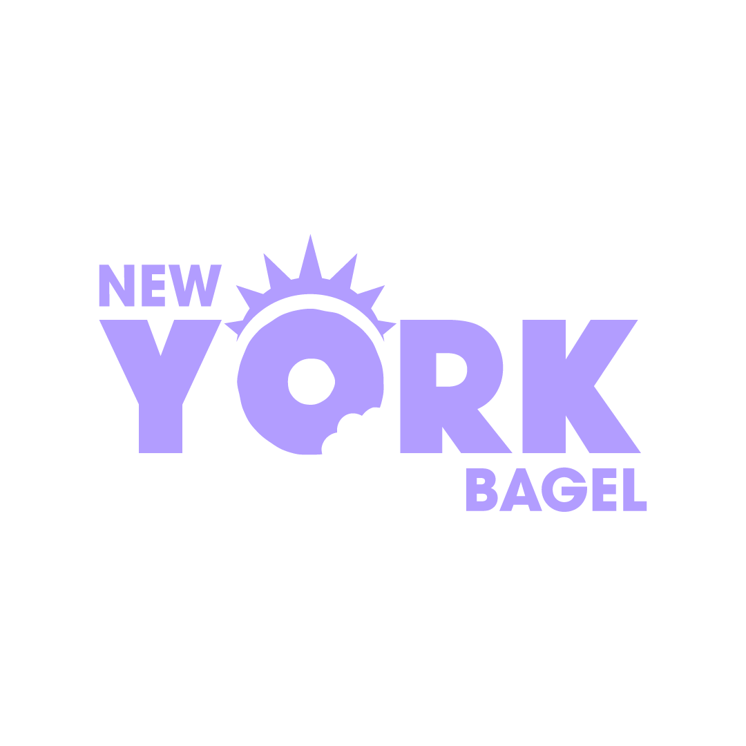 Logo for New York Bagel in shades of purple with a stylized sun and cityscape element.