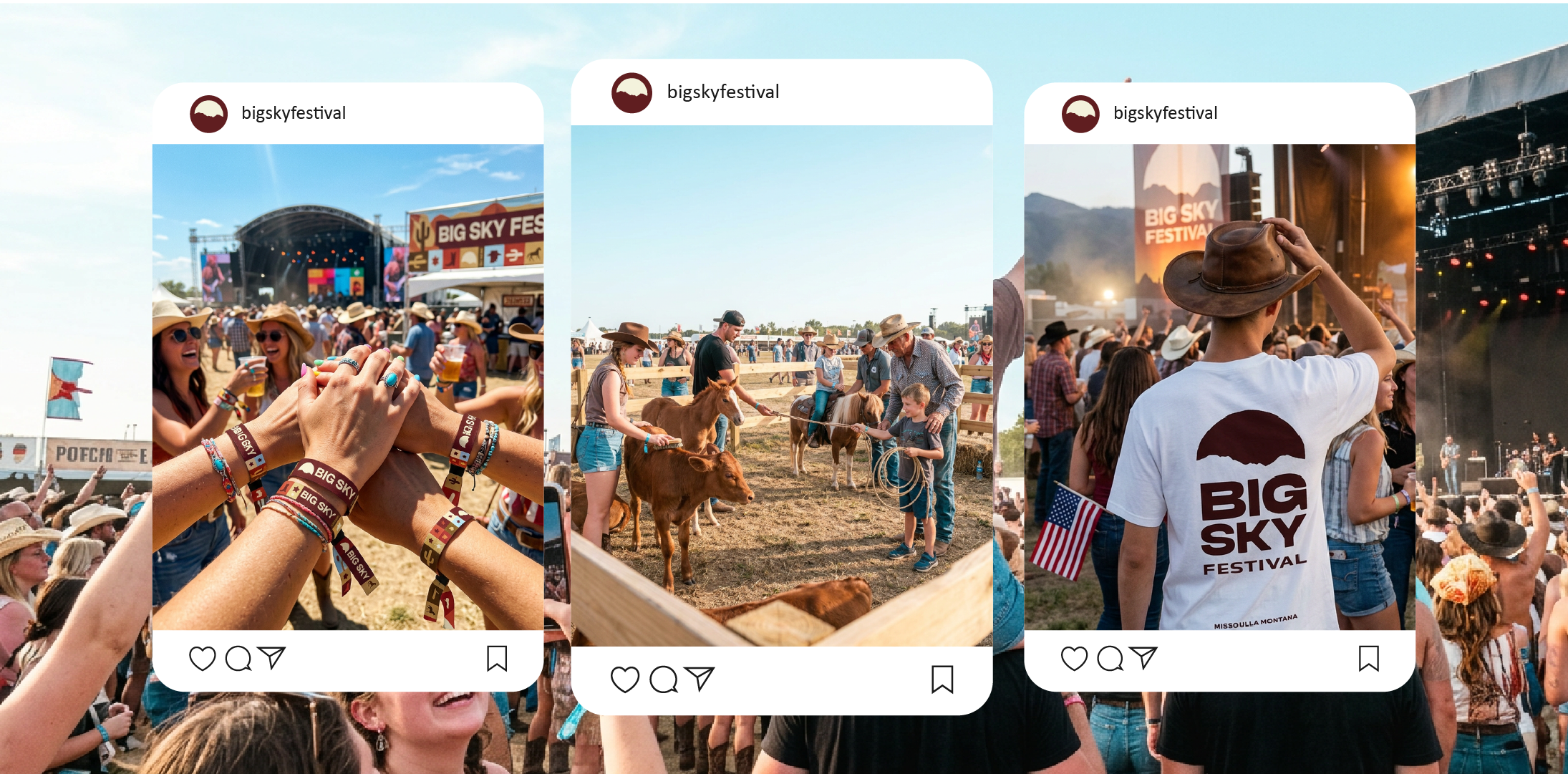 Crowd at Big Sky Festival with people wearing wristbands, enjoying music and activities, some holding arms and drinks, stage in the background, and a scenic outdoor setting with clear skies.