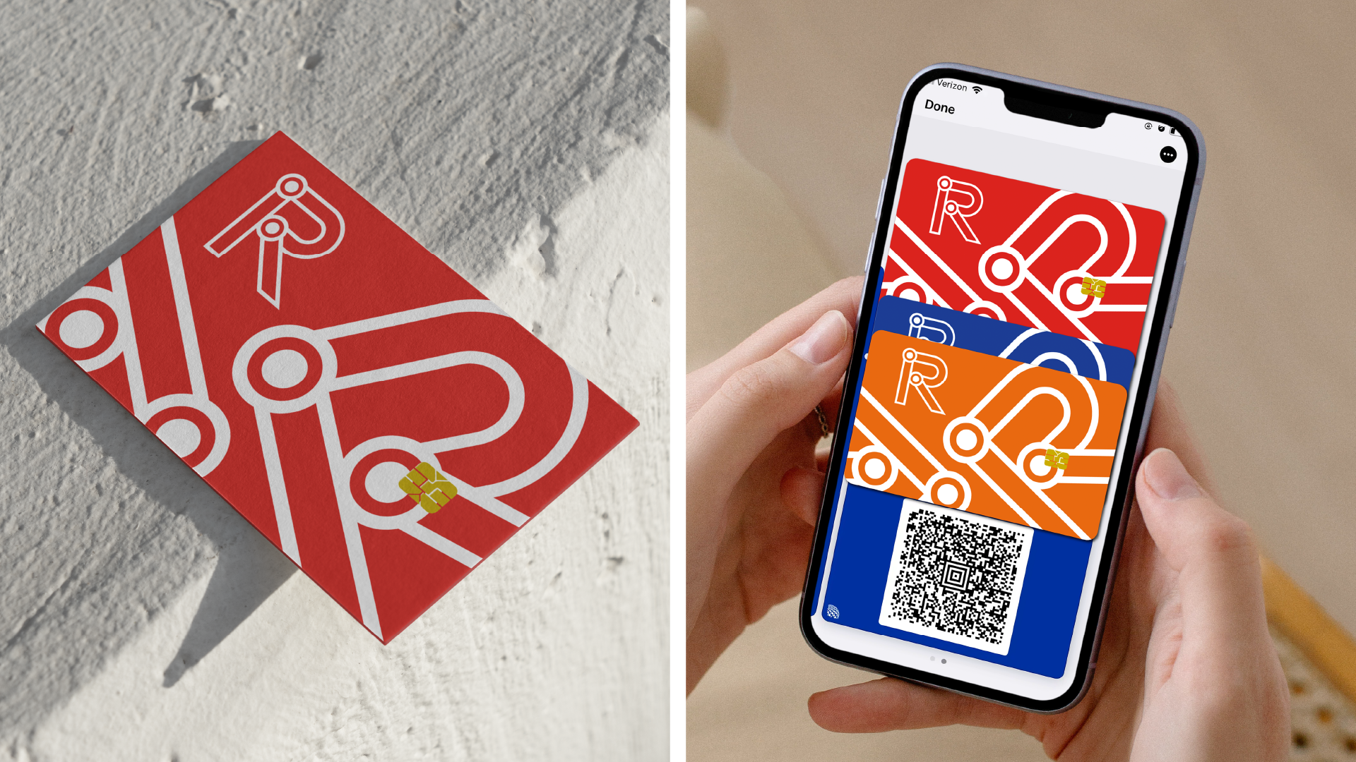 A red and white abstract map design with a gold chip, and a person holding a phone displaying the same map design as a digital QR code.