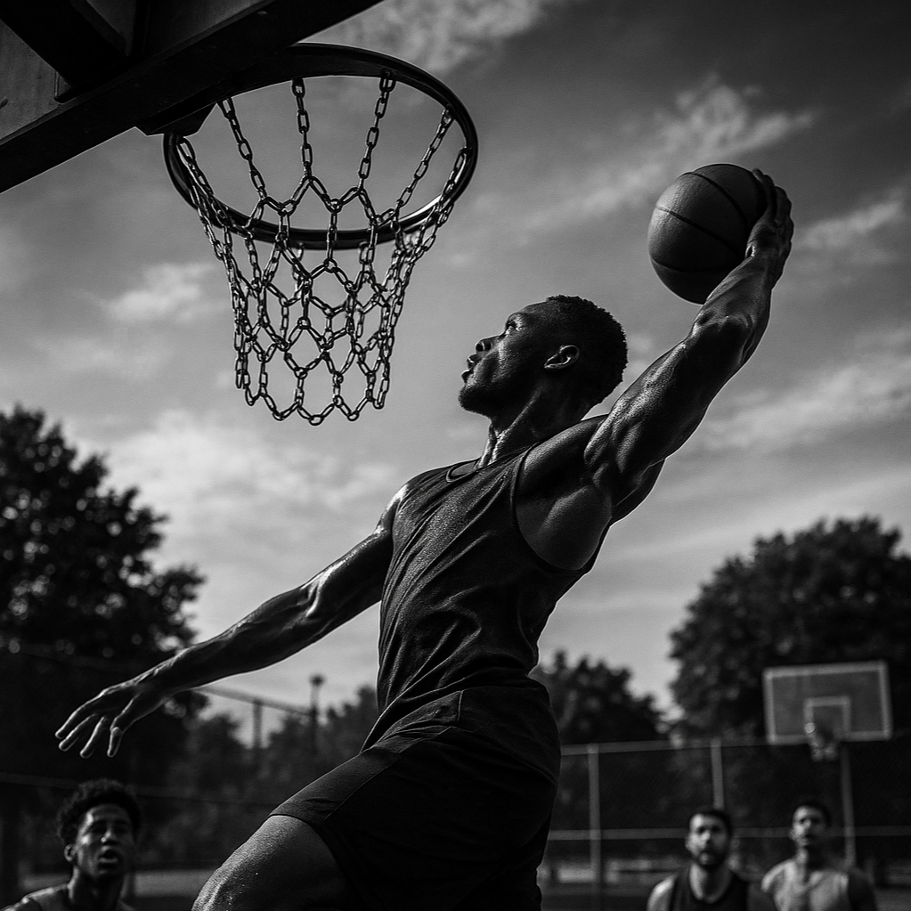 A man dunking a basketball on an outdoor court at sunset, with a group of people watching in the background.