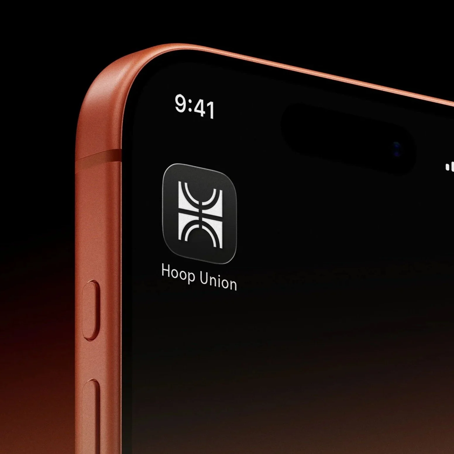 Close-up of an iPhone showing the time 9:41 and a screen with the Hoop Union app icon.