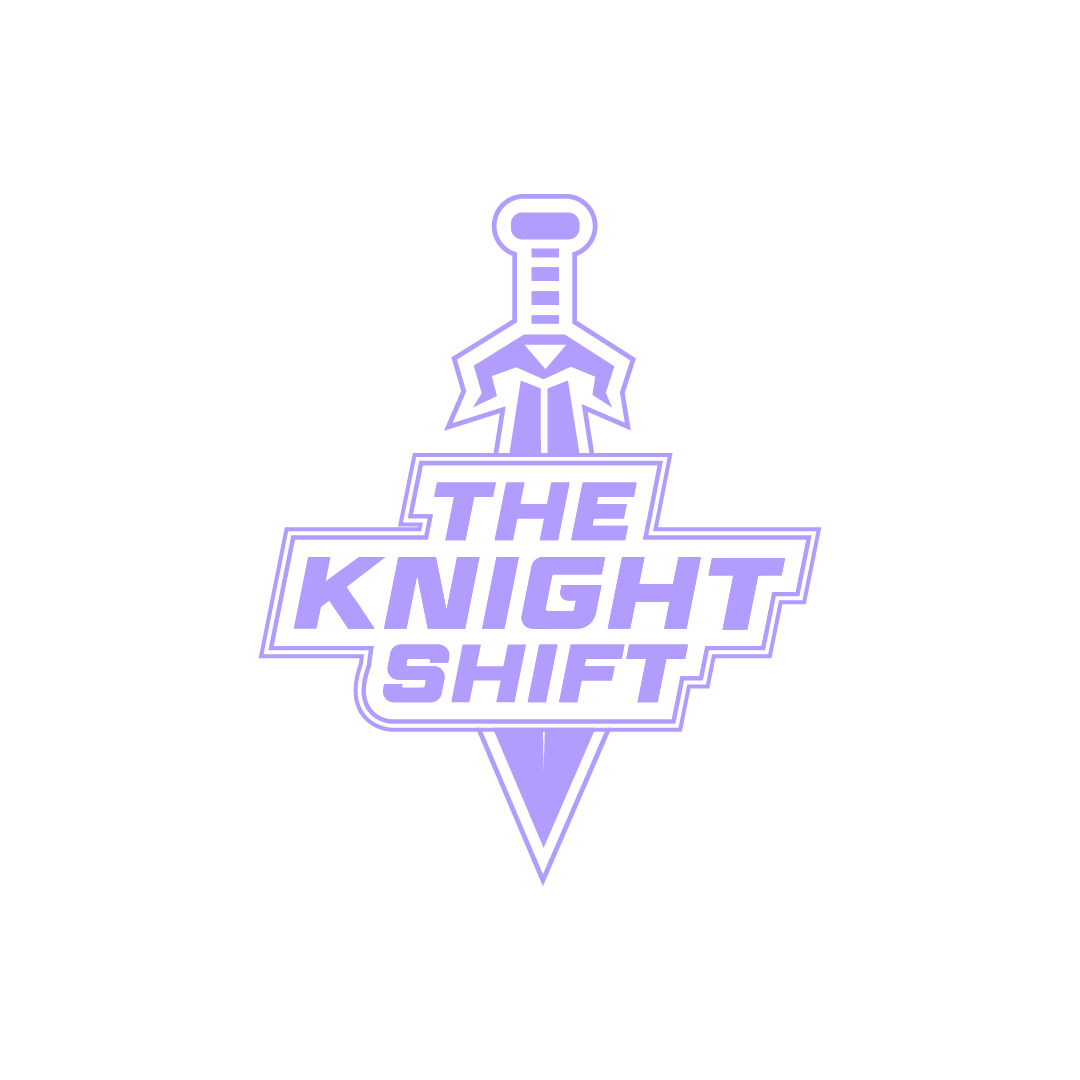 A purple and black logo of a sword with the text 'The Knight Shift' on a dark background.